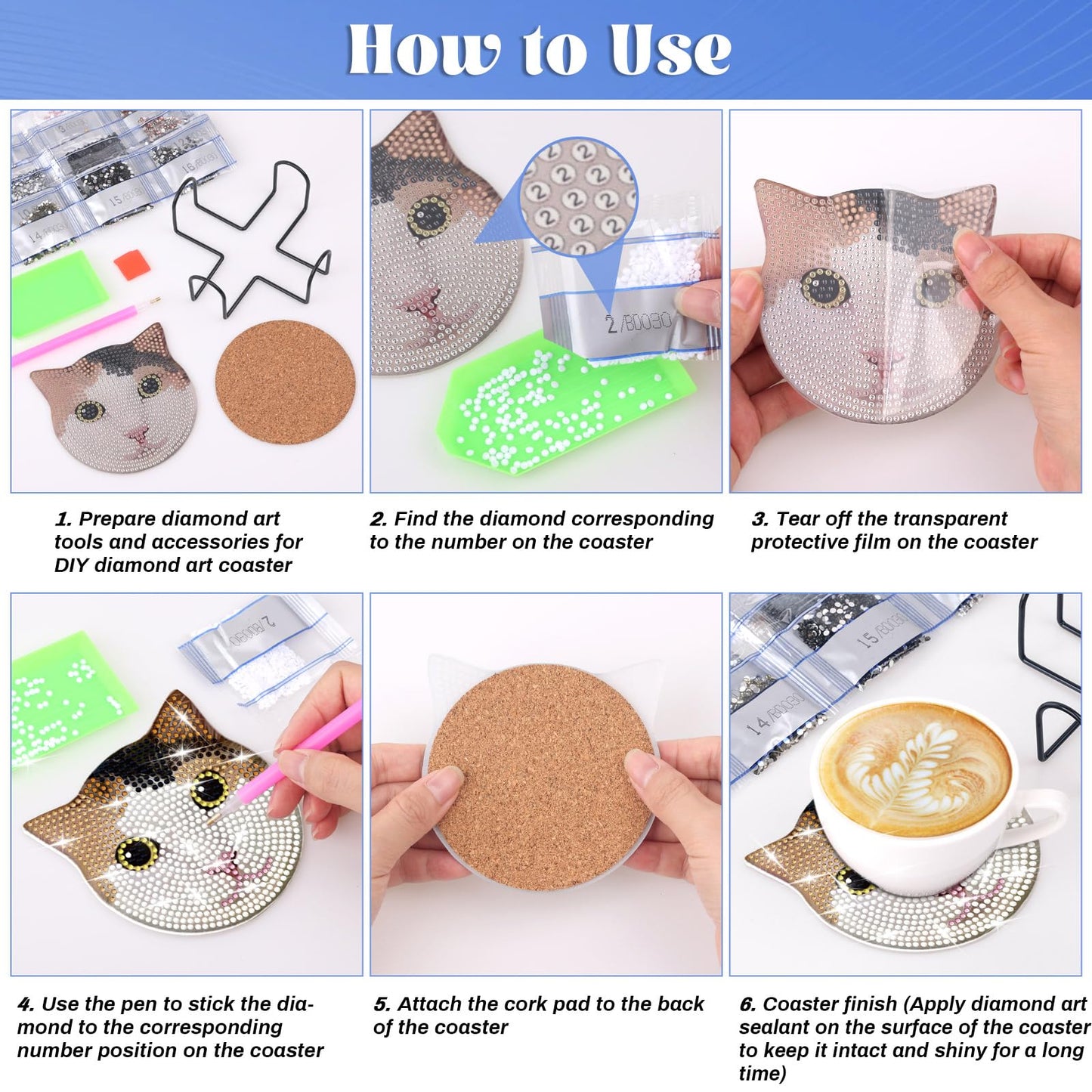 8 Pieces Diamond Art Painting Coasters Kit with Holder, Diamond Art Coasters, DIY Diamond Art Crafts Projects, Diamond Dot Kits for Adults and Beginners(Cat Style)