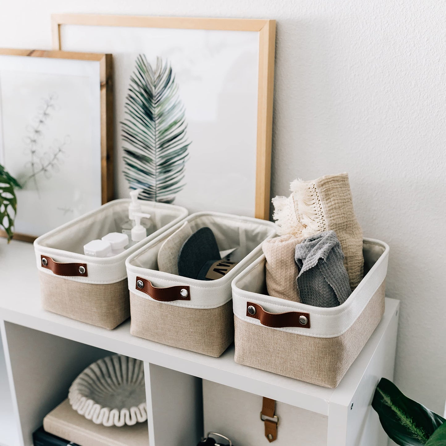 Small Fabric Storage Baskets for Shelves 3 Pack, 12x8in Closet Storage Bins for Shelves, Cloth Baskets for Organizing, Linen Closet Organizers, Fabric Basket, Beige/White