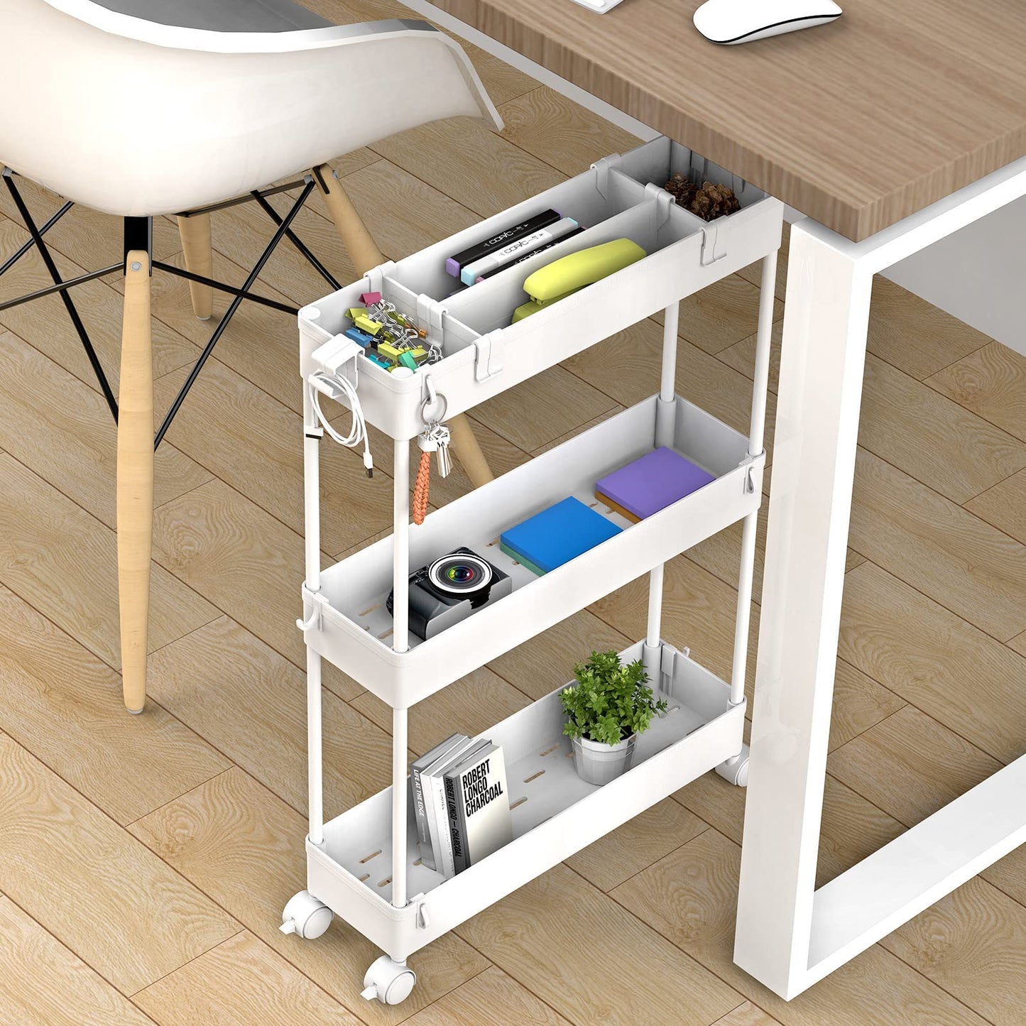 Slim Storage Cart 3 Tier,Bathroom Organizer Rolling Utility, Mobile Shelving Unit Slide Out for Office, Kitchen, Laundry Room & Narrow Places,White