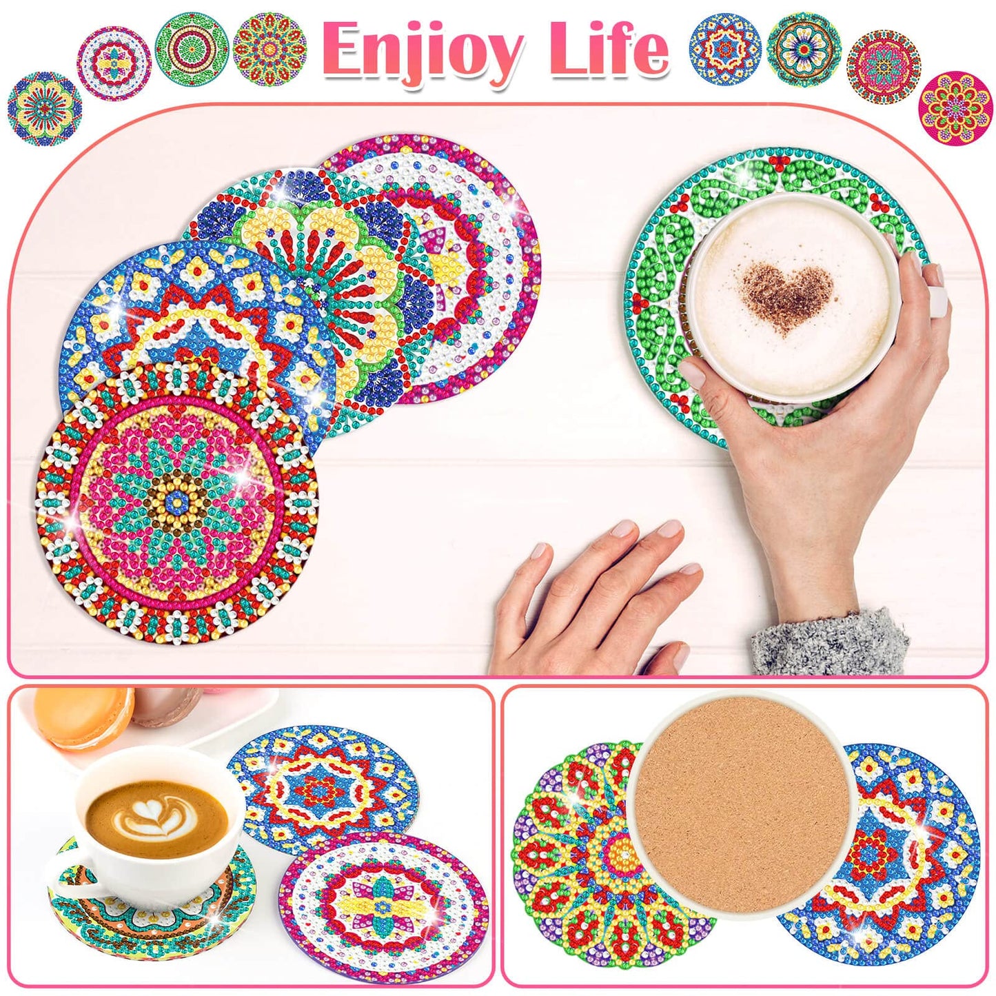 8 Pieces Diamond Art Painting Coasters Kit with Holder, Diamond Art Coasters, Arts and Crafts for Adults, Small Diamond Craft Kits for Beginners
