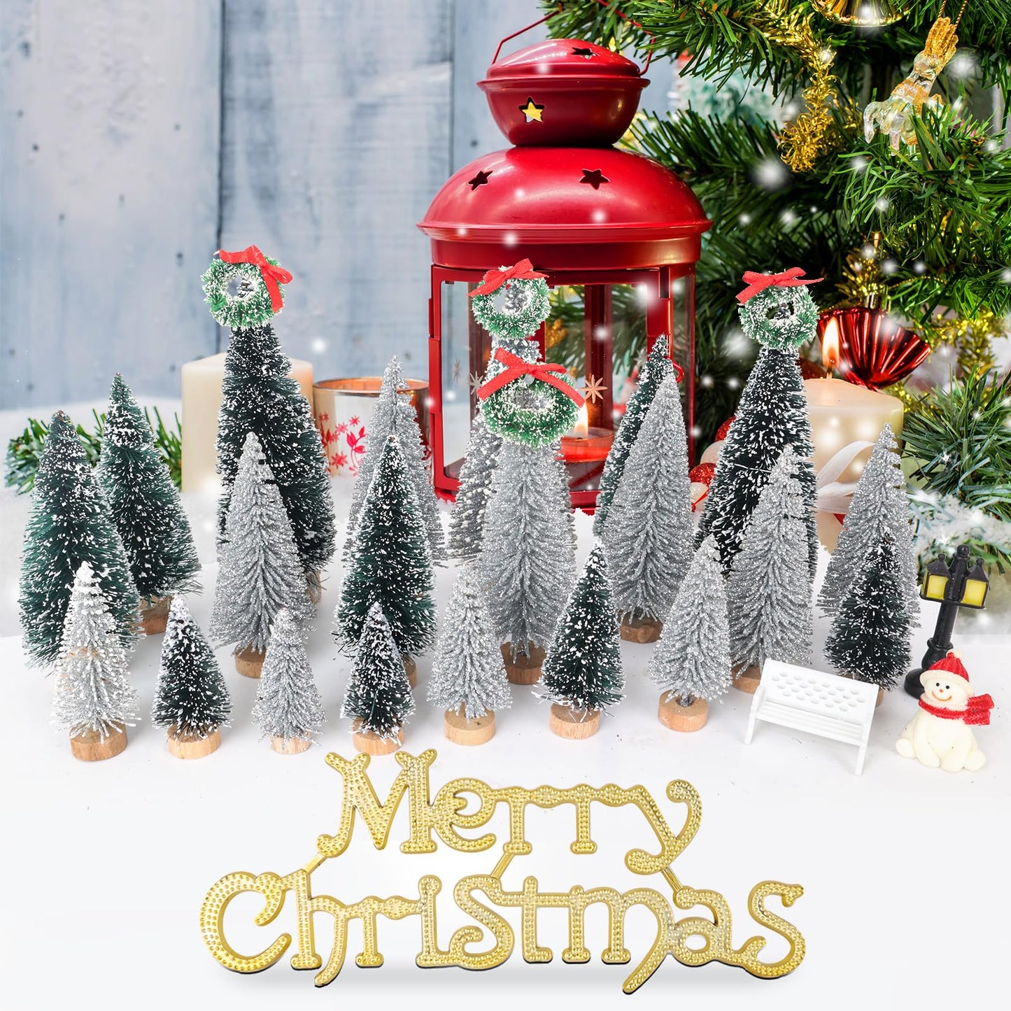 Mini Miniature Christmas Pine Tree Bottle Brush Trees Wooden Bases Tree for Your Village Desktop Xmas Holiday Party (Silver/Green 30pcs)