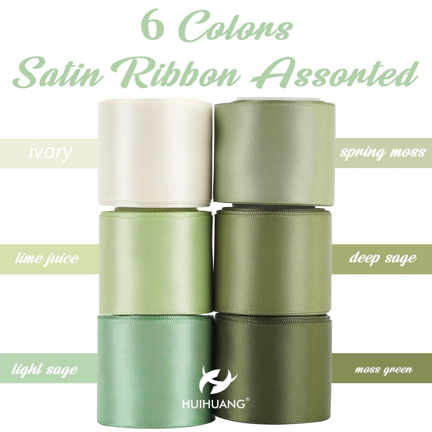 Green Satin Ribbon 1-1/2 inch Ivory/Sage Green/Dusty Sage/Moss Green Double Face Satin Ribbons for Flower Bouquet, Gift Wrapping, Bows, Crafts, Eternal Rose- Total 30 Yards