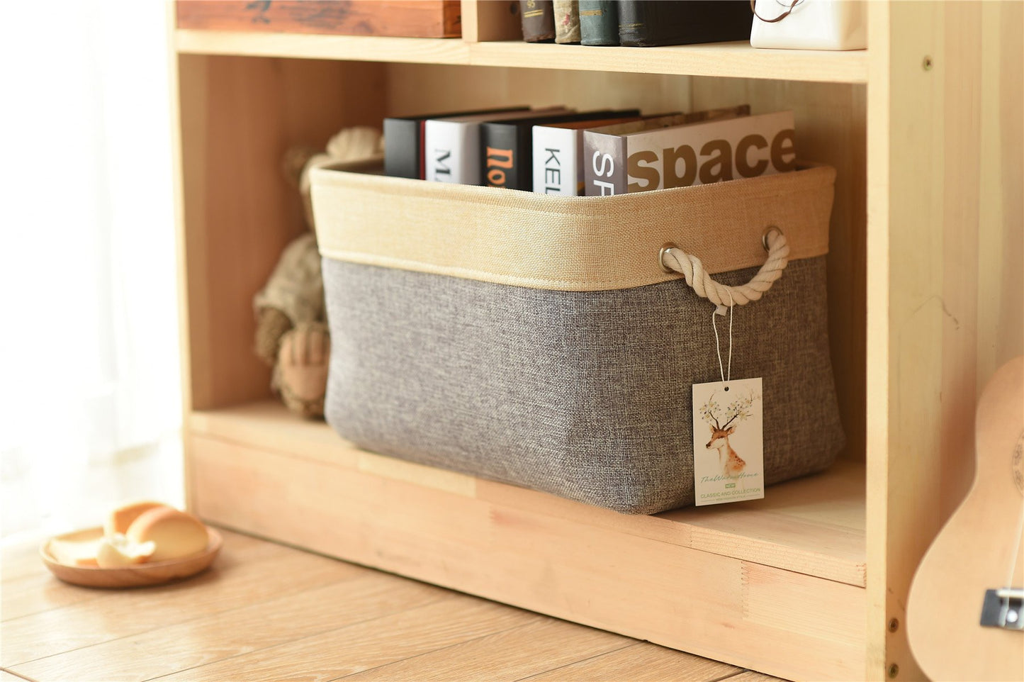 Storage Basket - 15.7L×11.8W×8.3H 1 Pack Large Baskets for Organizing Shelves, Storage Bins for Clothes Book Shelf Home Fabric Storage Cubes (Gold and Grey)