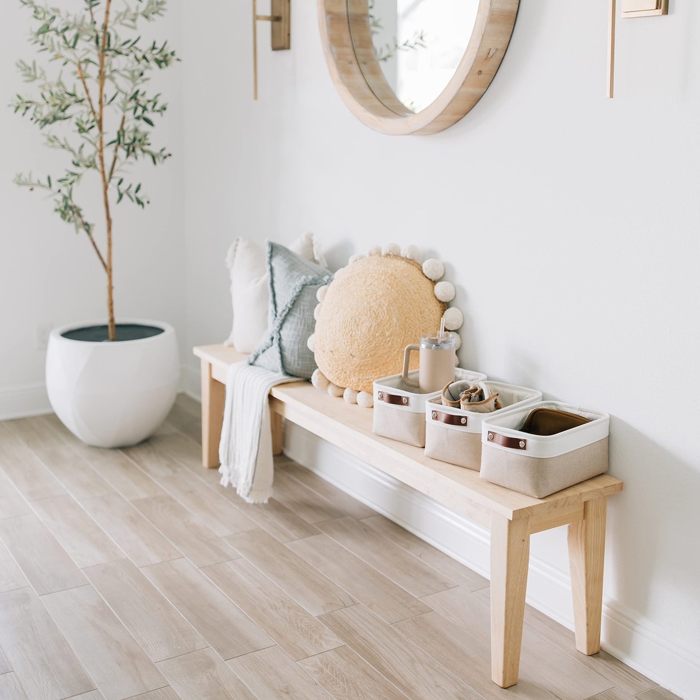 Small Fabric Storage Baskets for Shelves 3 Pack, 12x8in Closet Storage Bins for Shelves, Cloth Baskets for Organizing, Linen Closet Organizers, Fabric Basket, Beige/White