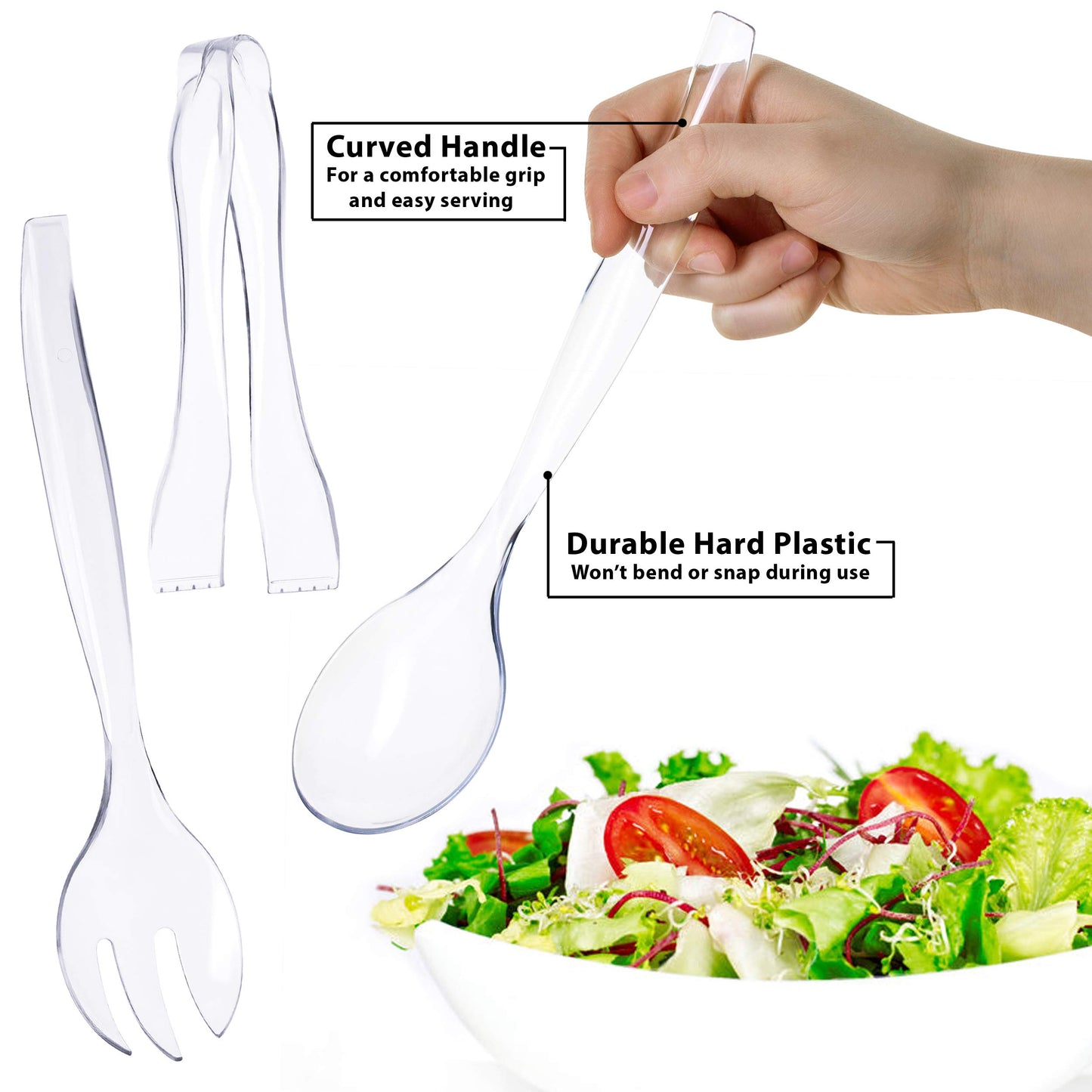 HD Disposable Serving Utensils Set (12), 10' Spoons, 6.5' Tongs, Clear