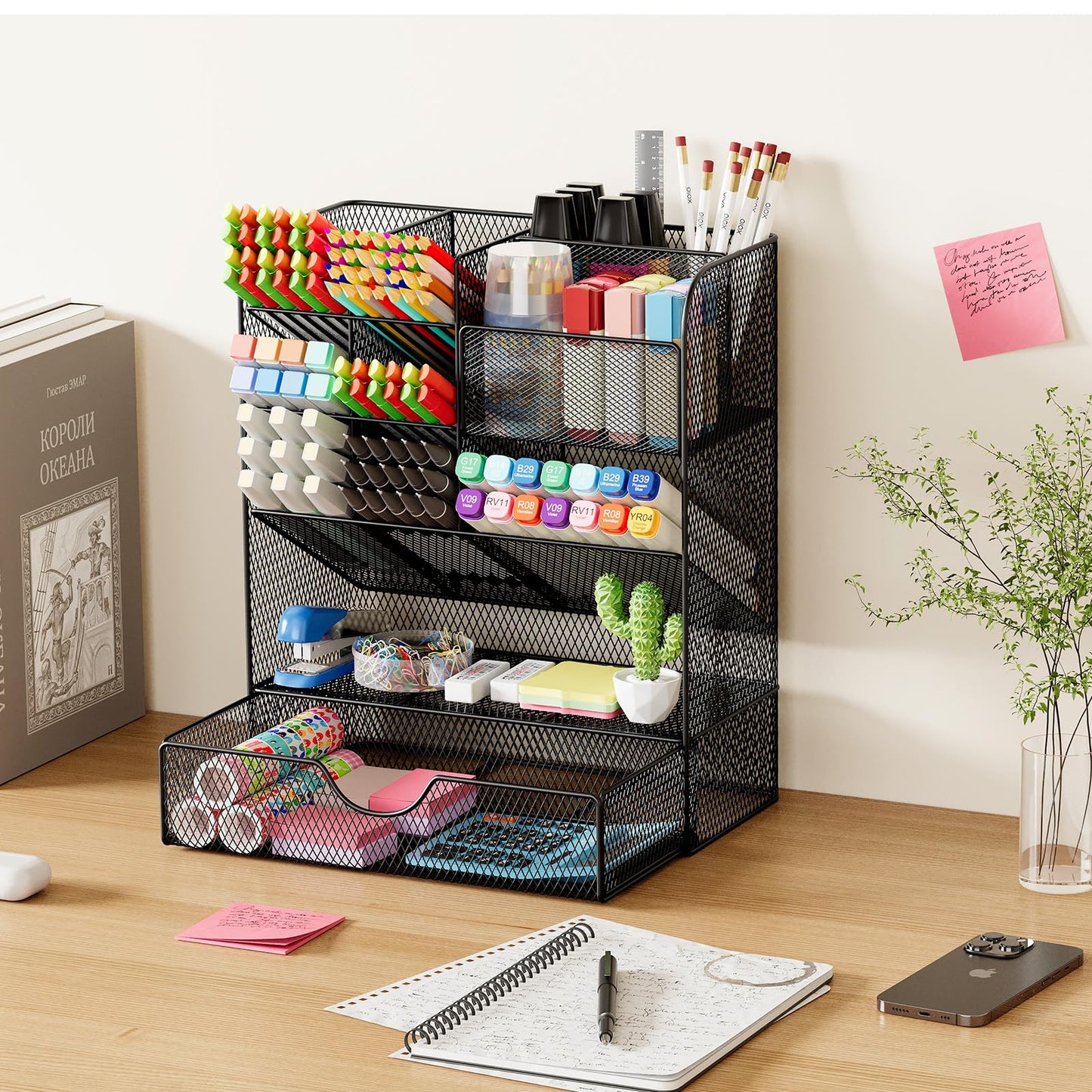 Desk Organizers and Accessories, Pen Holder for Desk Organizer with Drawer, Pencil Holder Office Desk Accessories Workspace Desktop Organizer for School Home Office Art Supplies(Black)