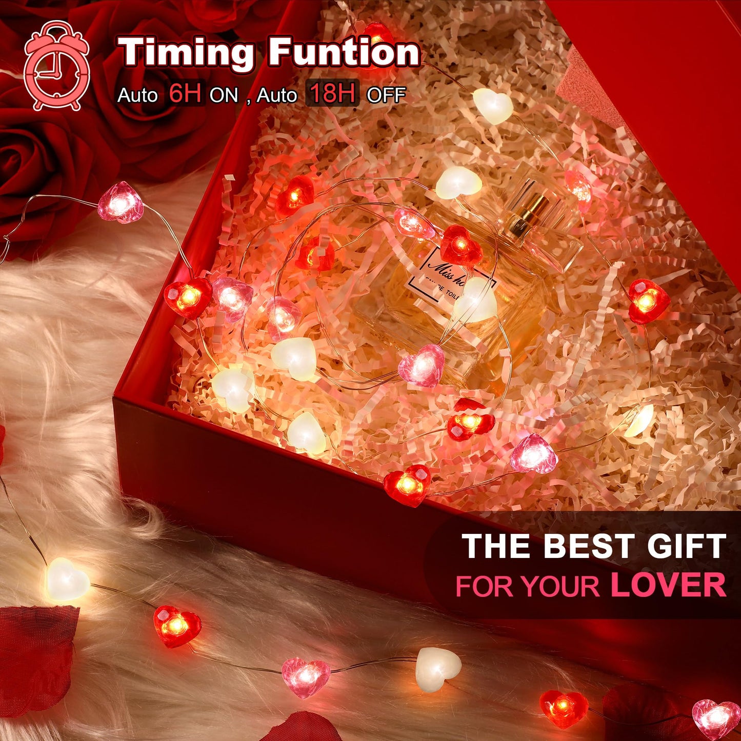 Fairy String Lights 10 Feet LED Red Pink White Heart Shaped Twinkle Fairy Lights 8 Modes Battery Operated for Valentine‘s Day Kids Bedroom Christmas Wedding Indoor Party Decor with Timer