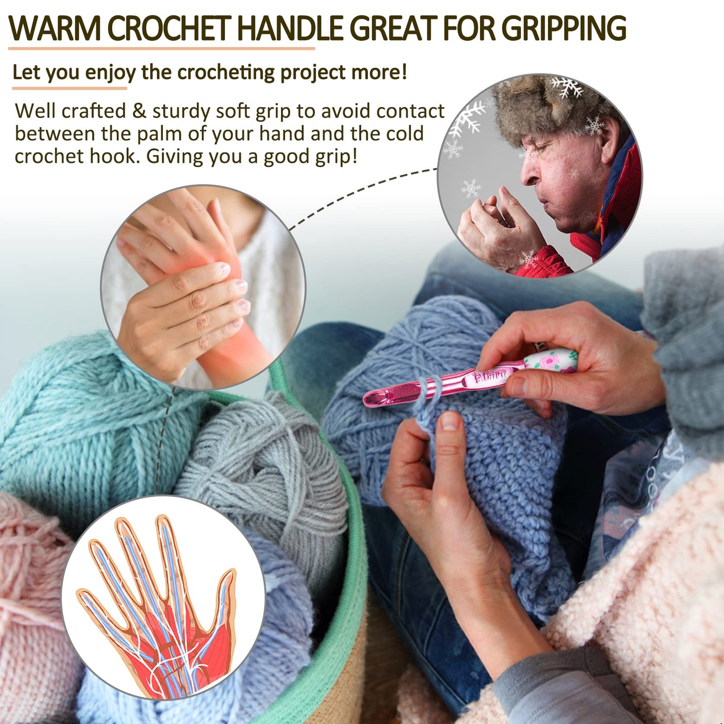 Warm Crochet Hooks Large, 10mm 9mm 8mm 7mm 6.5mm Large Crochet Hooks for Chunky Yarn Blanket Sweater Thick Wool, Big Crochet Kit for Arthritic Hands Knitting & Crochet Supplies