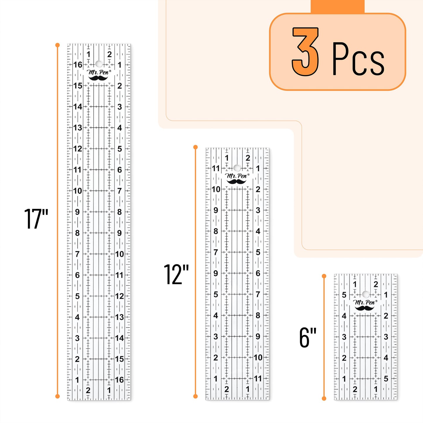Sewing Ruler, 3 Pack, 6", 12" & 17", Acrylic Ruler, Quilting Ruler, Cutting Ruler, Acrylic Ruler for Cutting Fabric, Rulers for Quilting and Sewing, Non Slip Quilt Rulers, Sewing Supplies