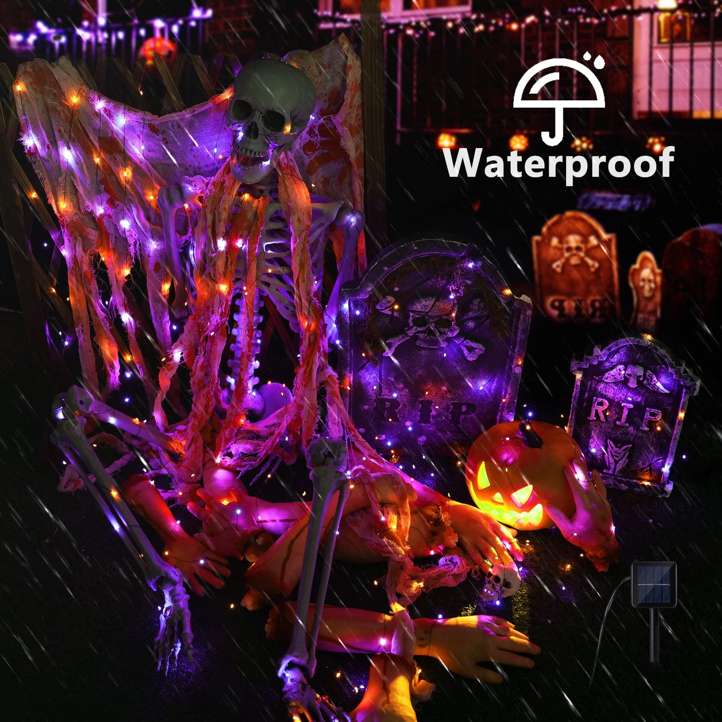 Orange & Purple Halloween Lights, 2 Pack Total 78ft 240 LED Orange Lights, Purple Solar Halloween Lights 8 Modes, Outdoor Twinkle Orange Halloween String Lights Black Wire for Halloween Decor