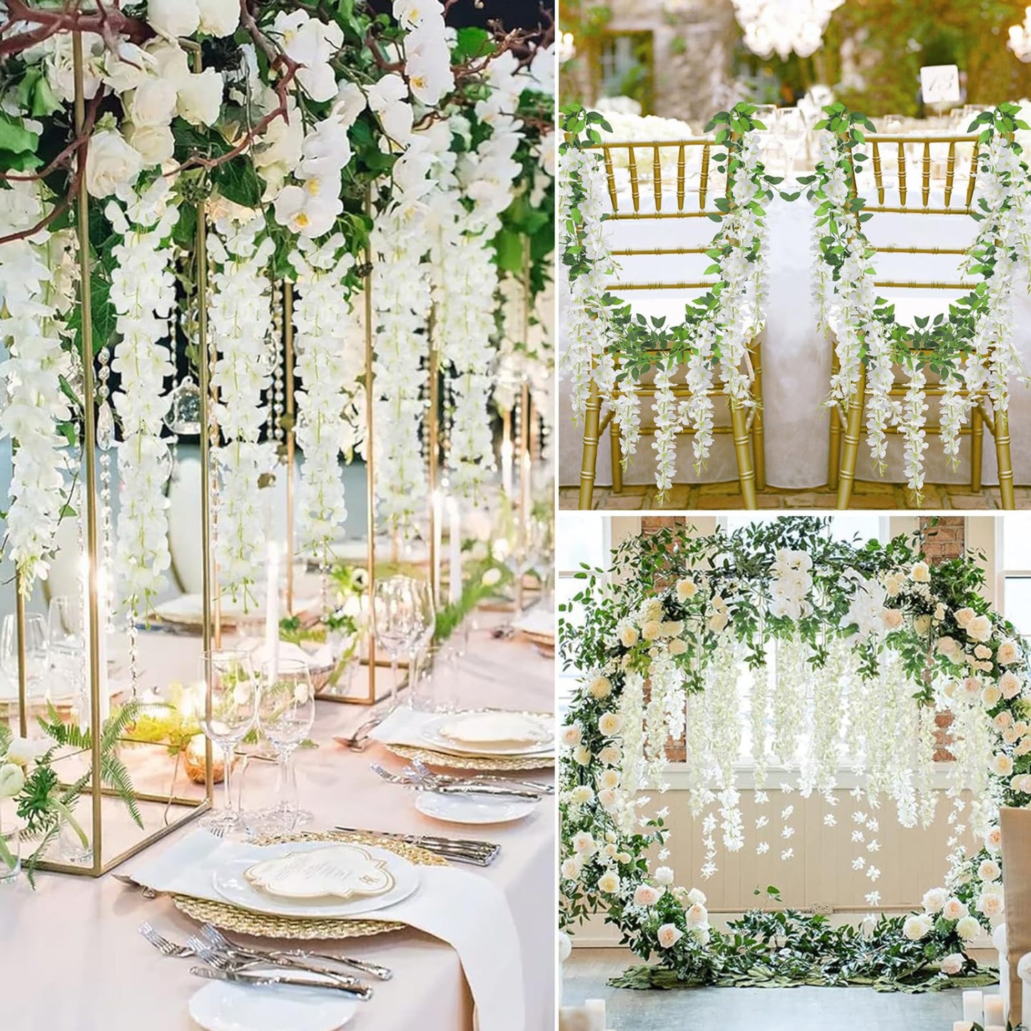 Wisteria Hanging Flowers 24 Pack Fake Flower Garland Artificial Wisteria Vines Rattan Silk Flower String Wedding Party Wall Decorations,White