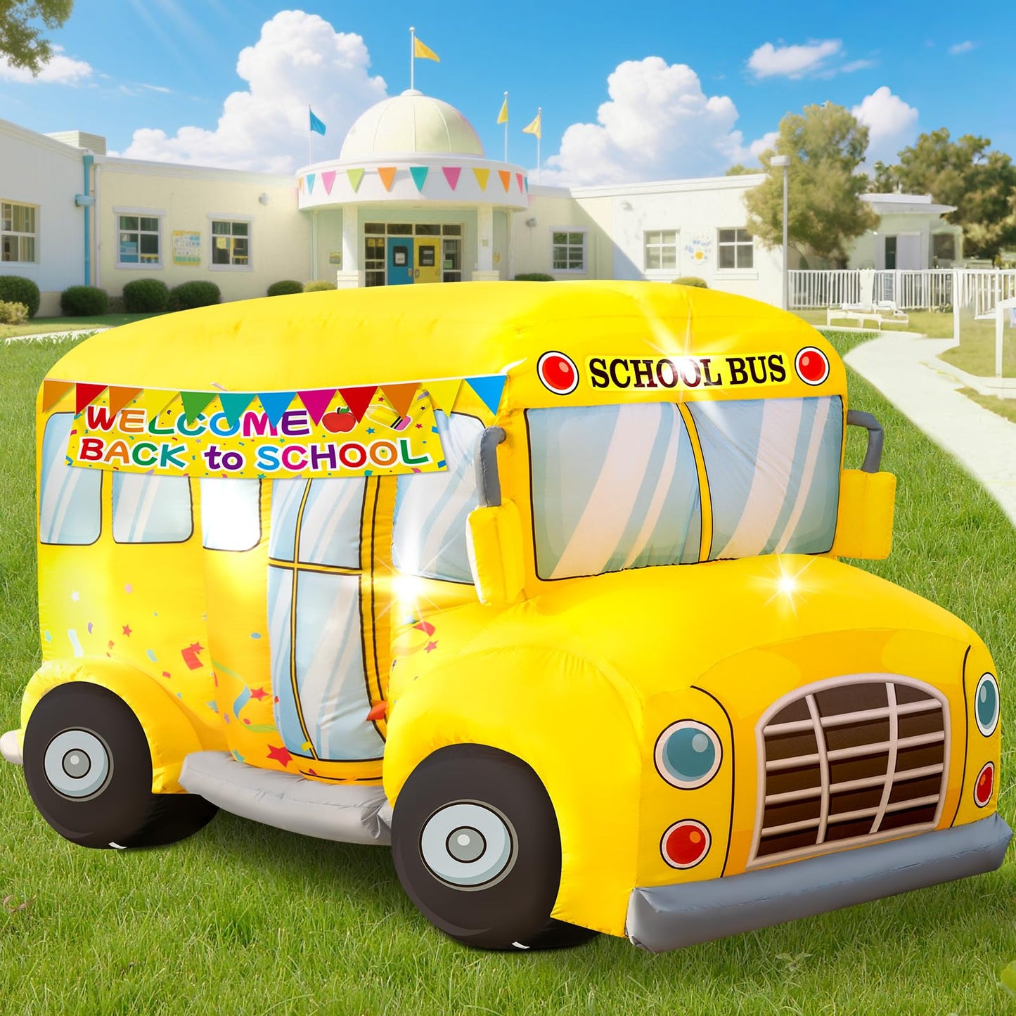7.5 FT School Bus Inflatables Decorations Welcome Back to School Outdoor Decoration with 3 LED Lights and Banner First Day of School Party Lawn Yard Signs Decor for Kindergarten Preschool