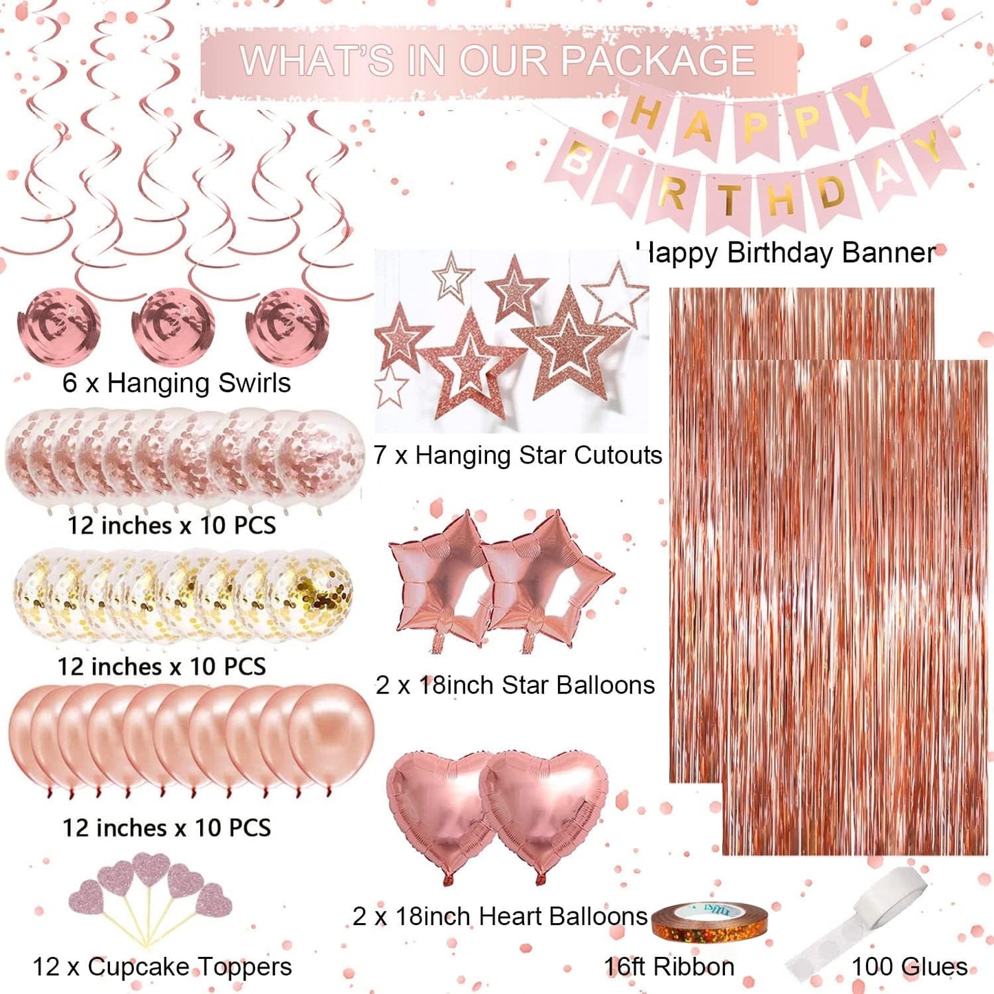 Rose Gold Birthday Party Decorations, Happy Birthday Banner, Rose Gold Fringe Curtain, Heart Star Foil Confetti Balloons, Hanging Swirls for Women Girls Birthdays Princess Party