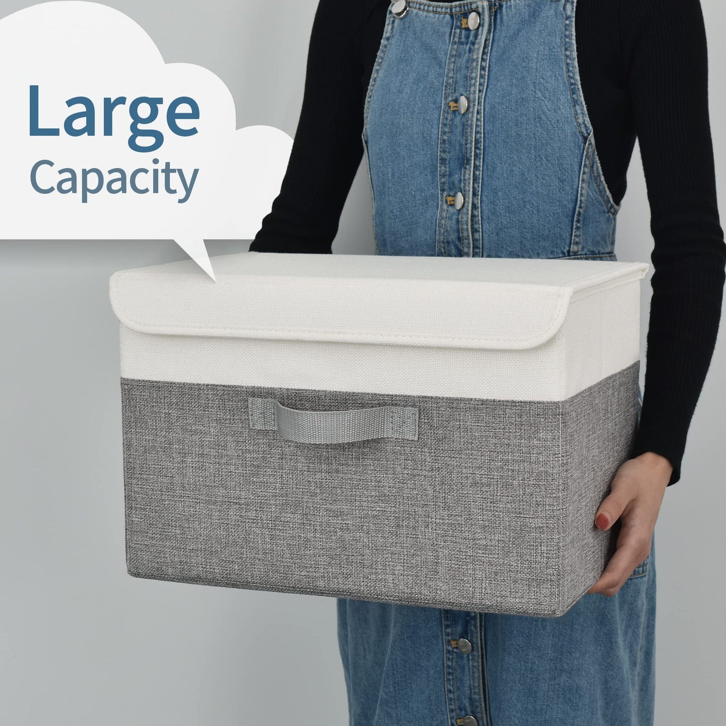 SAYS Fabric Storage Boxes, Keepsake Box, Large Storage Bins with Lids, Closet Organizers, Toy Organizer, Storage Baskets for Shelves, White/Gray, 2-Pack