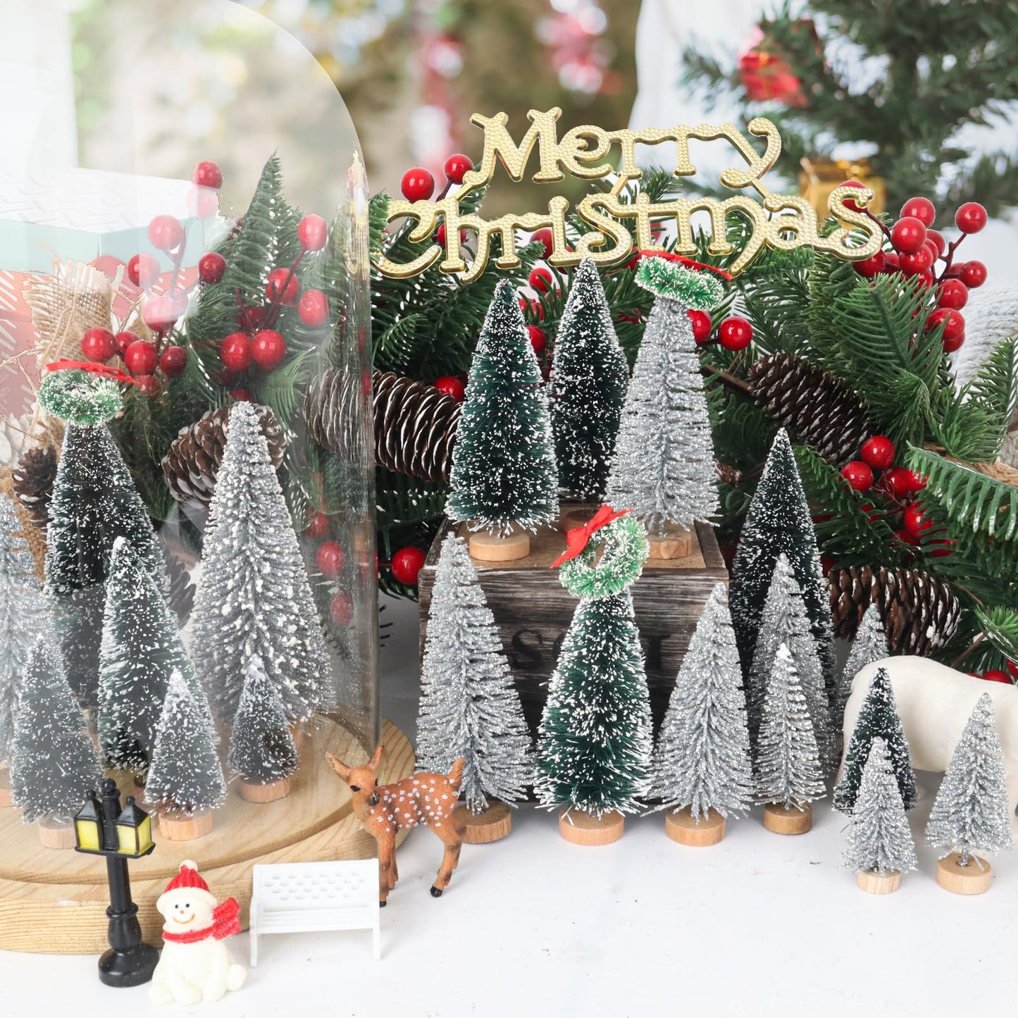 Mini Miniature Christmas Pine Tree Bottle Brush Trees Wooden Bases Tree for Your Village Desktop Xmas Holiday Party (Silver/Green 30pcs)