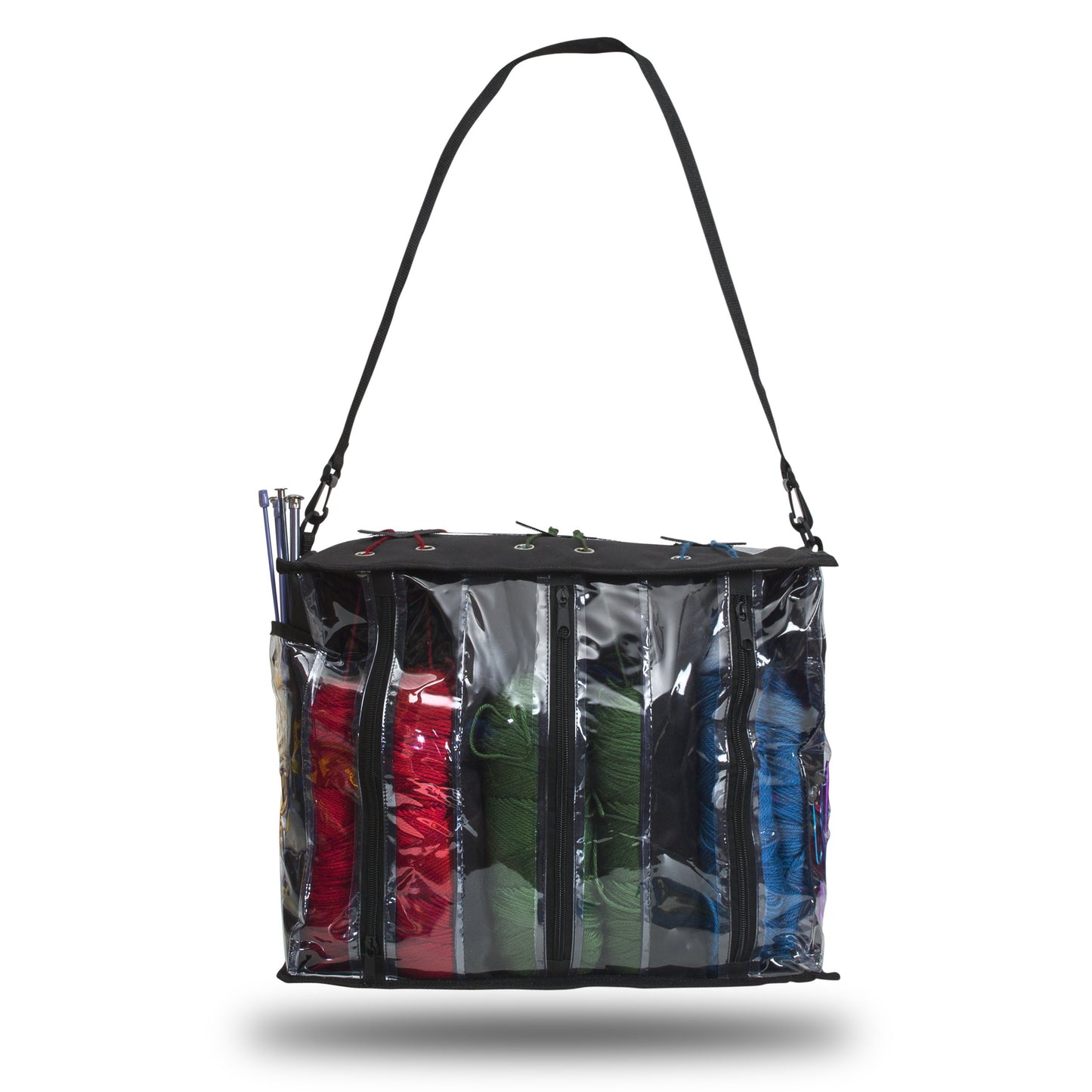 Knitting Organizer By Besti: Portable Knitting Yarn Storage Bag With Multiple Pockets, Individual Compartments, Carrying Shoulder Strap - Clear Plastic Tote Bag For Needles, Crochets & Threads (Black)