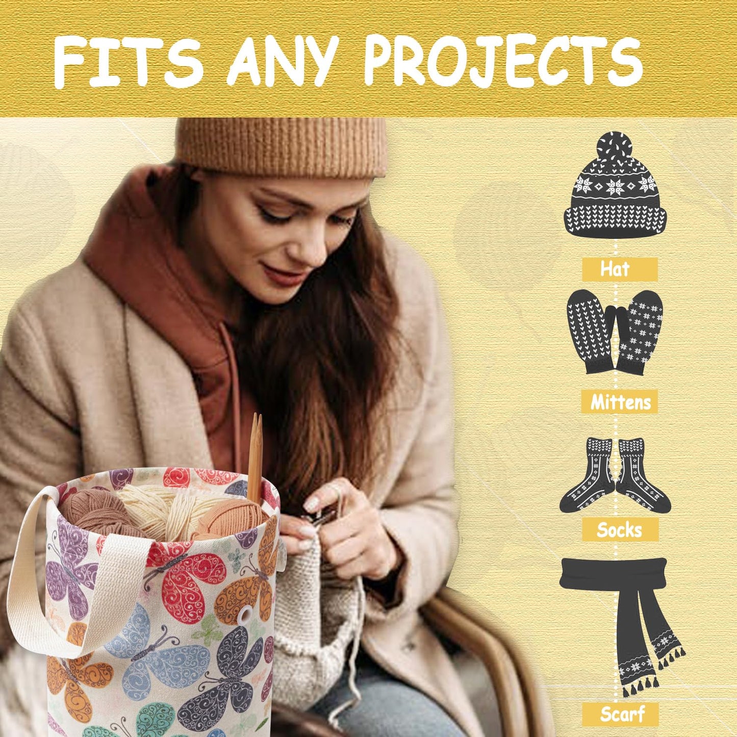 Yarn Bag, Knitting Crochet Bag, Portable Yarn Storage Bags Organizer for Crocheting Project, Store Skein Ball, Short Knitting Needle (Medium, Butterfly)