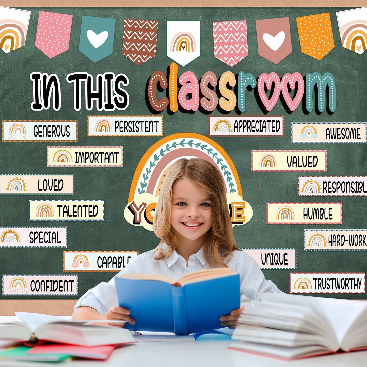 32pcs Classroom Bulletin Board Decorations Set - Boho Rainbow Motivational Words Cutouts Bulletin Decorations for Teachers School Classroom Bulletin Board