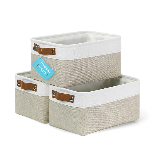 Small Fabric Storage Baskets for Shelves 3 Pack, 12x8in Closet Storage Bins for Shelves, Cloth Baskets for Organizing, Linen Closet Organizers, Fabric Basket, Beige/White