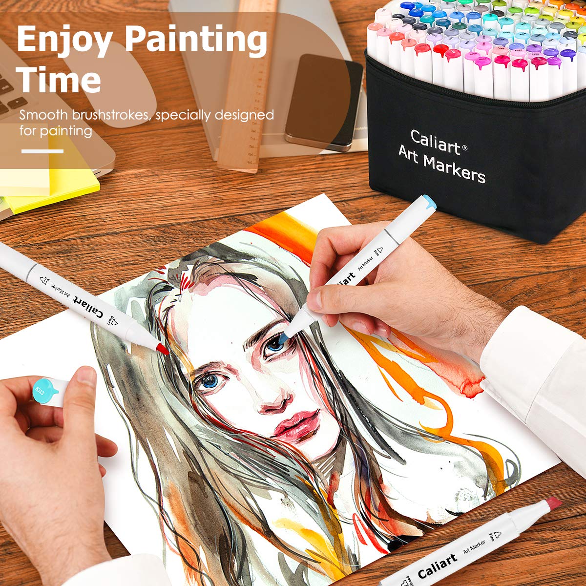 100 Colors Dual Tip Art Markers Sketch Pens Permanent Alcohol Based, with Case for Adult Kids Halloween Drawing Sketching (White Barrel)