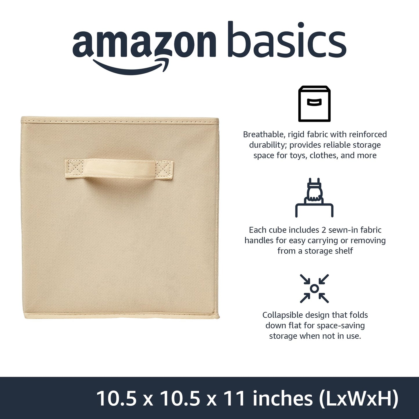 Cube Organizer Storage Bins Handles, Collapsible Fabric, Pack of 6, 10.5"x10.5"x11", Beige