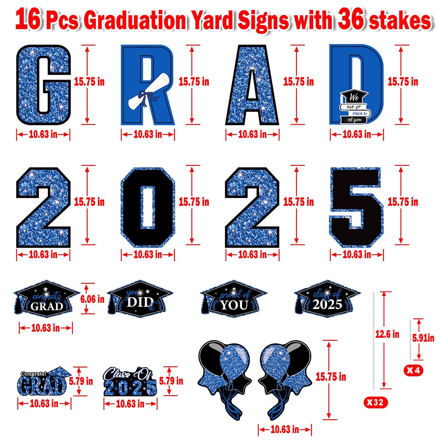 16 PCS Graduation Yard Signs, Blue Graduation Yard Signs Class Of 2025, 16 Inches Large Congrats Grad 2025 Yard Signs with Stakes For 2025 Graduation Decorations