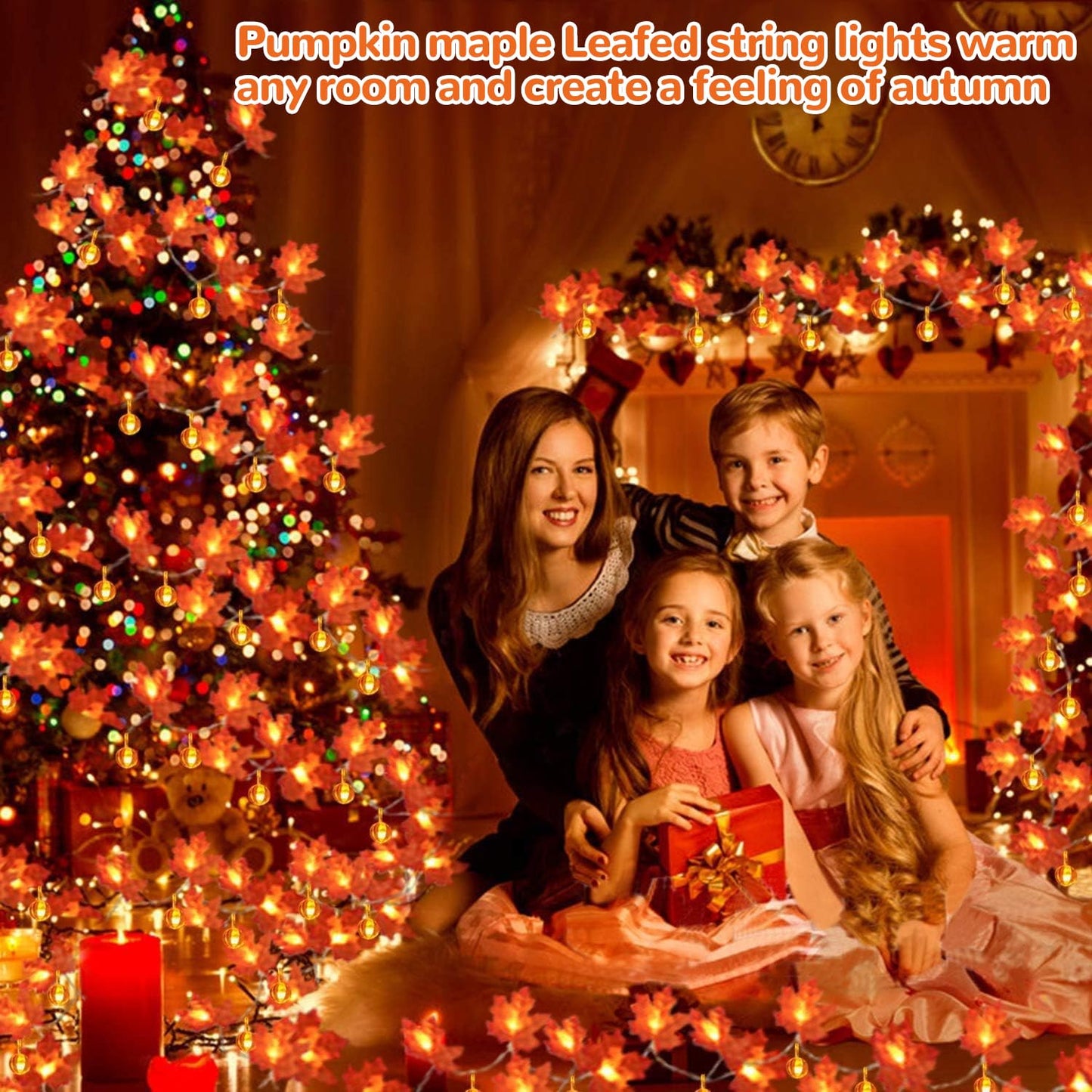 2 Pack Fall Garland with Pumpkin Lights Fall Decorations for Home 60 LED 20 Ft Enlarged Maples Leaves Fall Lights Battery Operated Thanksgiving Halloween Pumpkin Decorations Home Indoor Outdoor Party