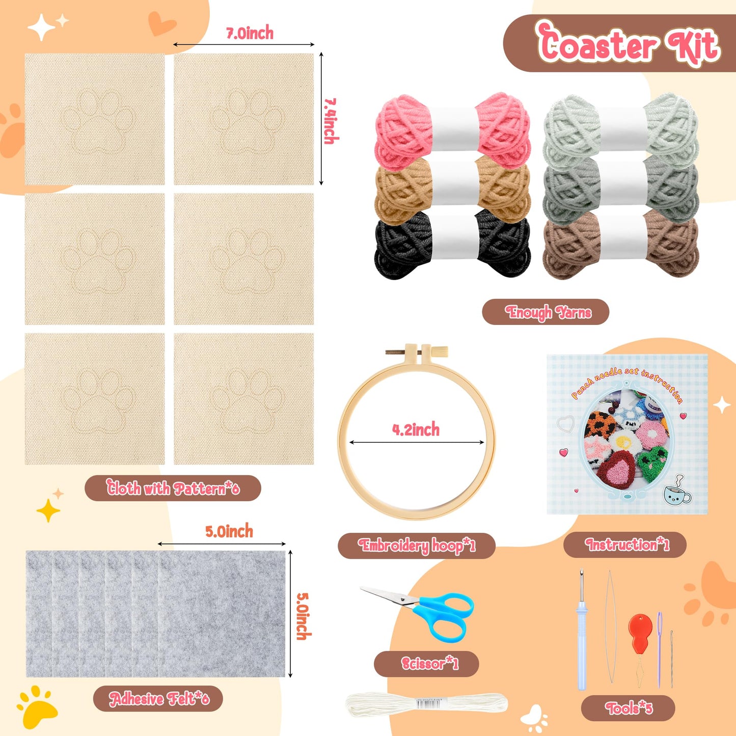 22Pcs Craft Punch Needle Coaster Kit, Easy Art Work Decor Coasters Kits for Beginners, 6 Pattern Tufted Rug Pads with Adhesive Felt Yarns Embroidery Hoop Instruction, DIY Needle Punch Craft