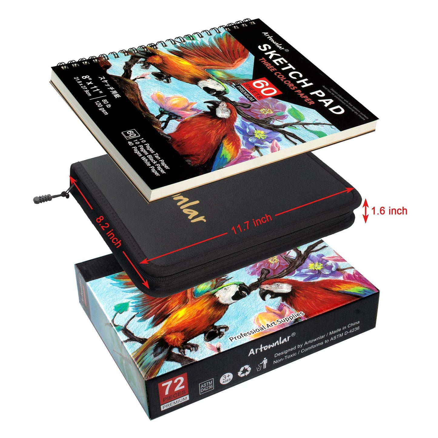 72 Pack Drawing Sketching Set with 8x11 Sketchbook | Pro Art Supplies Kit for Artist Adults Teens Beginner | Graphite Charcoal, Watercolor & Metallic Colored Pencils in Gift Case.