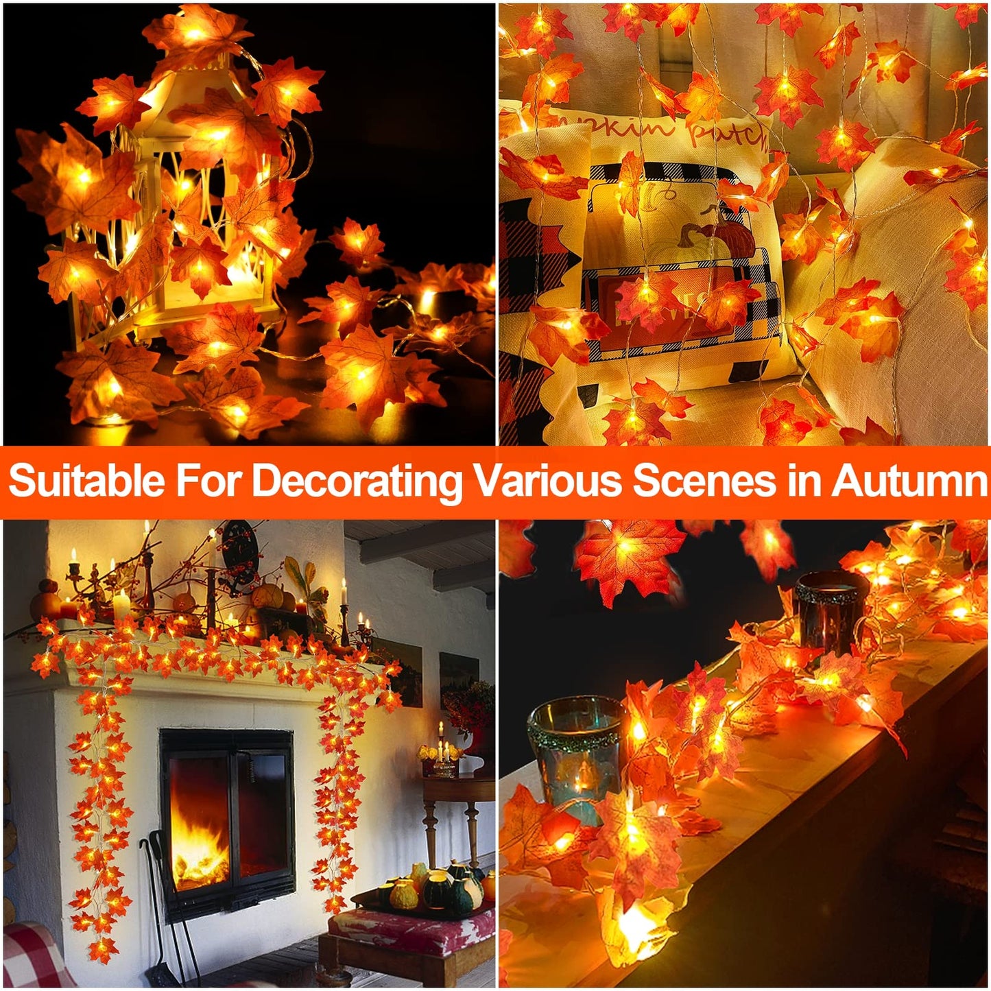 2 Pack Fall Decor Enlarged Maples Leafed Fall Decorations for Home Fall Lights Thick Leafs Garlands, Total 20Ft 40LED Battery Operated Waterproof Thanksgiving Halloween Decor Indoor Outdoor