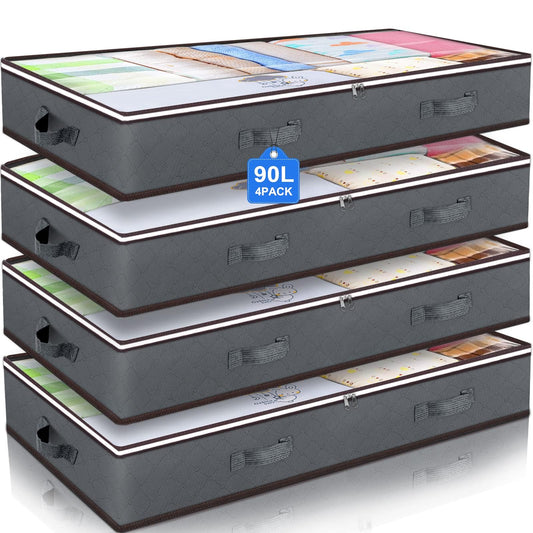 90L Under Bed Storage Containers, Closet Organizers and Storage Bins, Foldable Underbed Storage Bags for Blanket, Clothing, Comforter, Sweaters, Pillows, Linen Sheets, Wrapping Paper, Grey