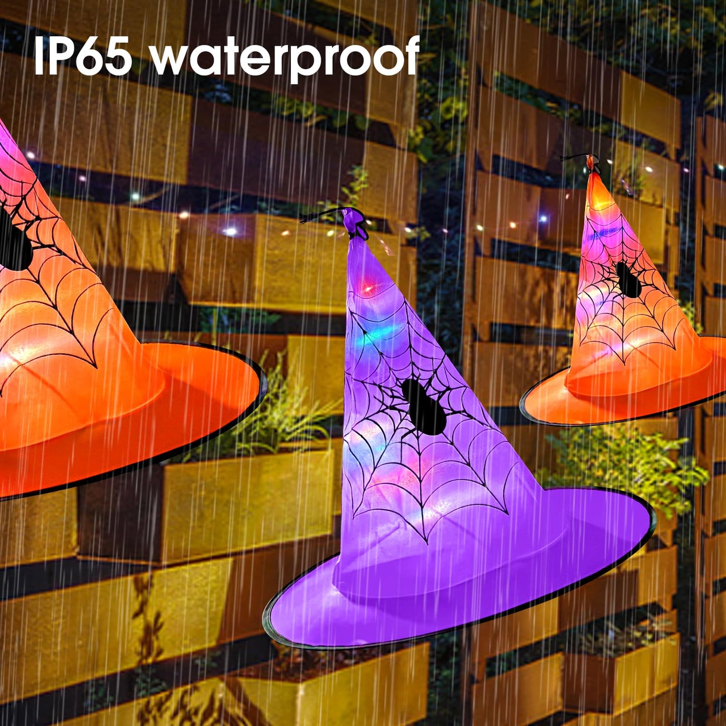 Halloween Decorations 8 Pcs Lighted Hanging Witch Hats, 14ft 56 LEDs Halloween Indoor Outdoor Remote Control String Lights, Battery Powered with 8 Lighting Modes for Garden, Yard, Tree