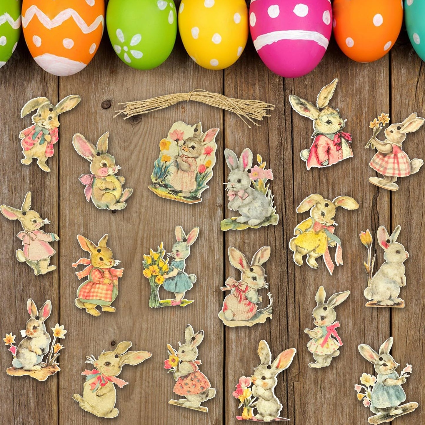 Vintage Easter Decoration Wooden Hanging Ornaments - 36Pcs Vintage Style Rabbits Bunny Wood Cutouts Rustic Farmhouse Spring Tree Decor Home Easter Party Supplies