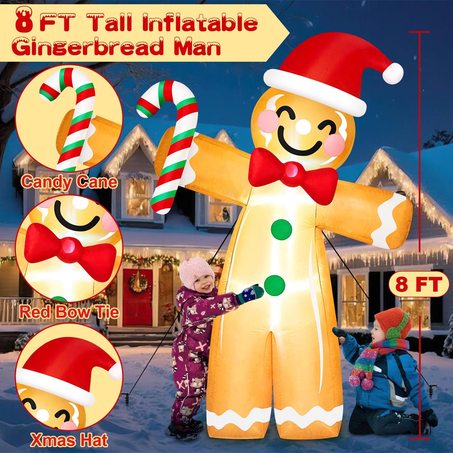 8 FT Gingerbread Man Christmas Inflatable Outdoor Decoration with Candy Cane Built-in LED Lights Inflatable Gingerbread Man Blow Up Yard Decorations for Xmas Party Holiday Indoor Lawn Garden