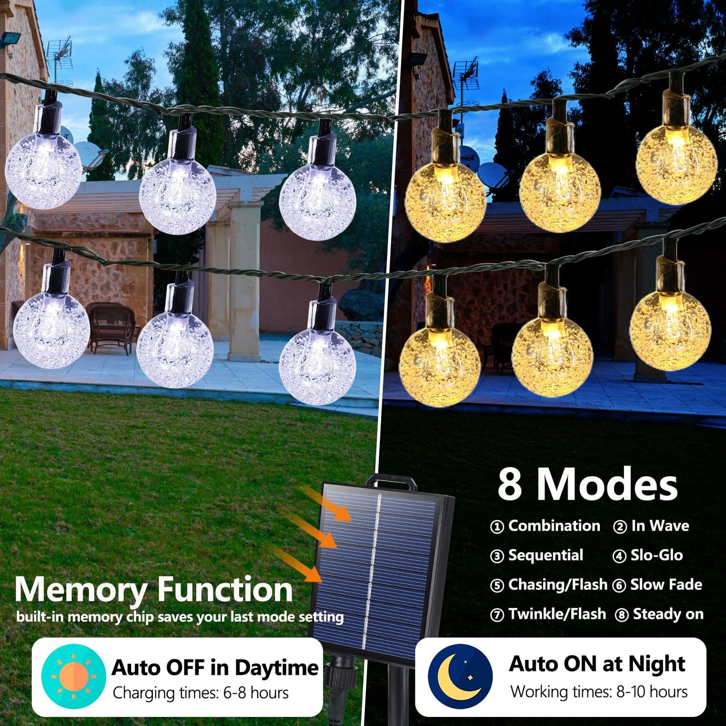 Solar String Lights Outdoor, 65FT 100LED Solar Globe String Lights 8 Lighting Modes, Waterproof Solar Powered Patio Light for Garden Yard Porch Wedding Party Outdoor Decoration (Warm White)