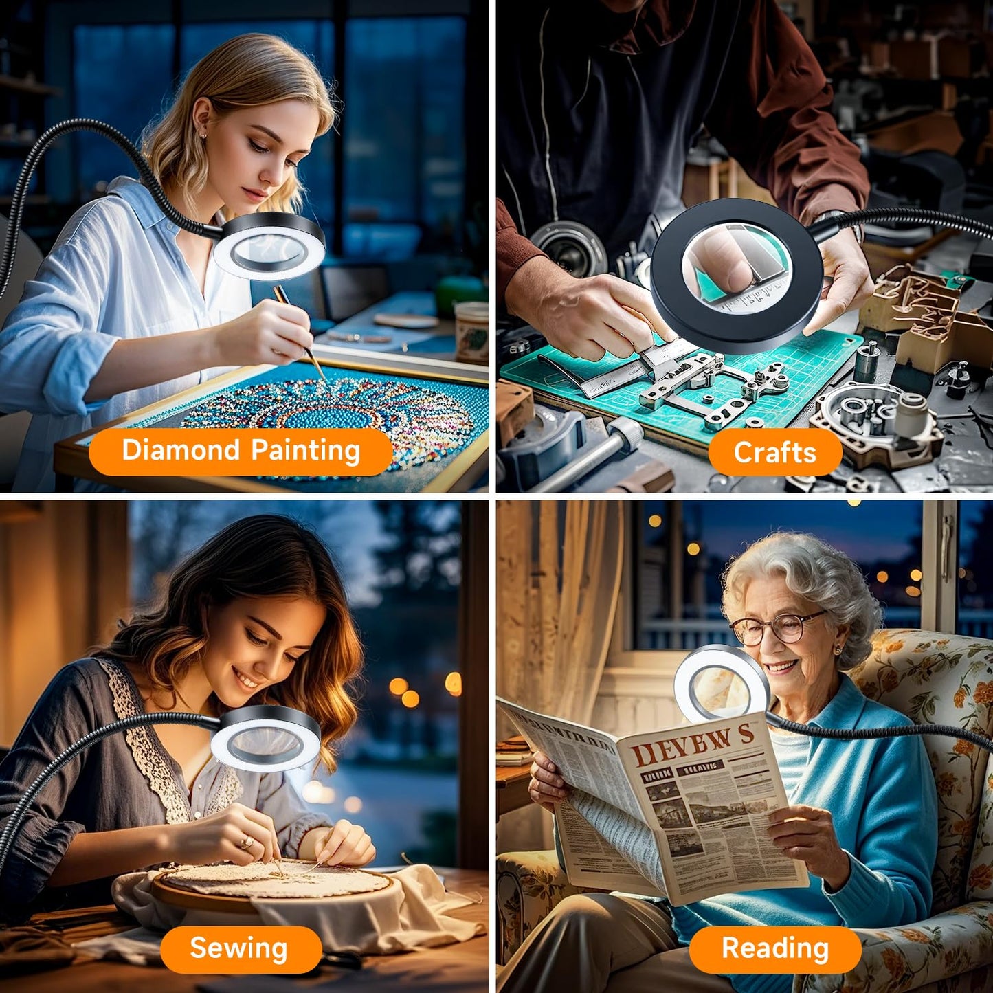 Magnifying Glass with Light 5X, 9w Clip on Light, 48 LED Desk Lamp wtih Clamp Light, 3 Modes Dimmable Magnifying LED Lamps for Bed Work Crafts Workbench
