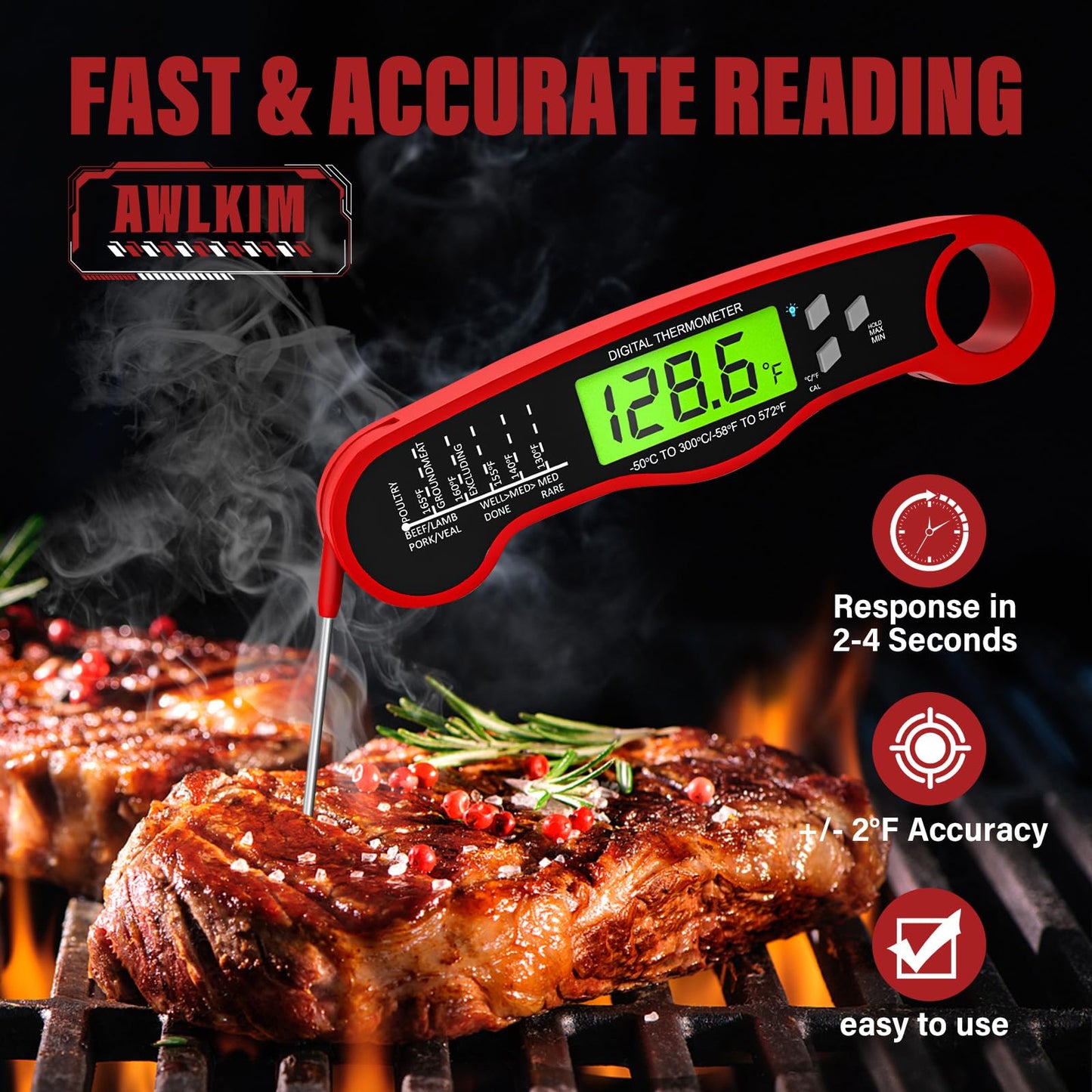 Instant Read Meat Thermometer for Grill and Cooking, Waterproof Fast Food Thermometer with Backlight, Digital Food Probe for Kitchen Cooking, Candy Making, Outside Grill - Red