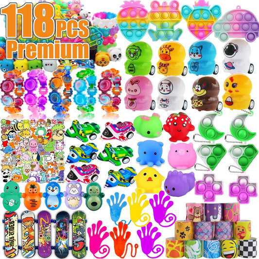 118 Pcs Party Favors for Kids, Pop Fidget Treasure Box Toys, Classroom Prizes, Pinata Filler Goodie Bag Stuffers, Treasure Chest Carnival Prizes, Prize Box Bulk Toys for Boys Girls 4-8