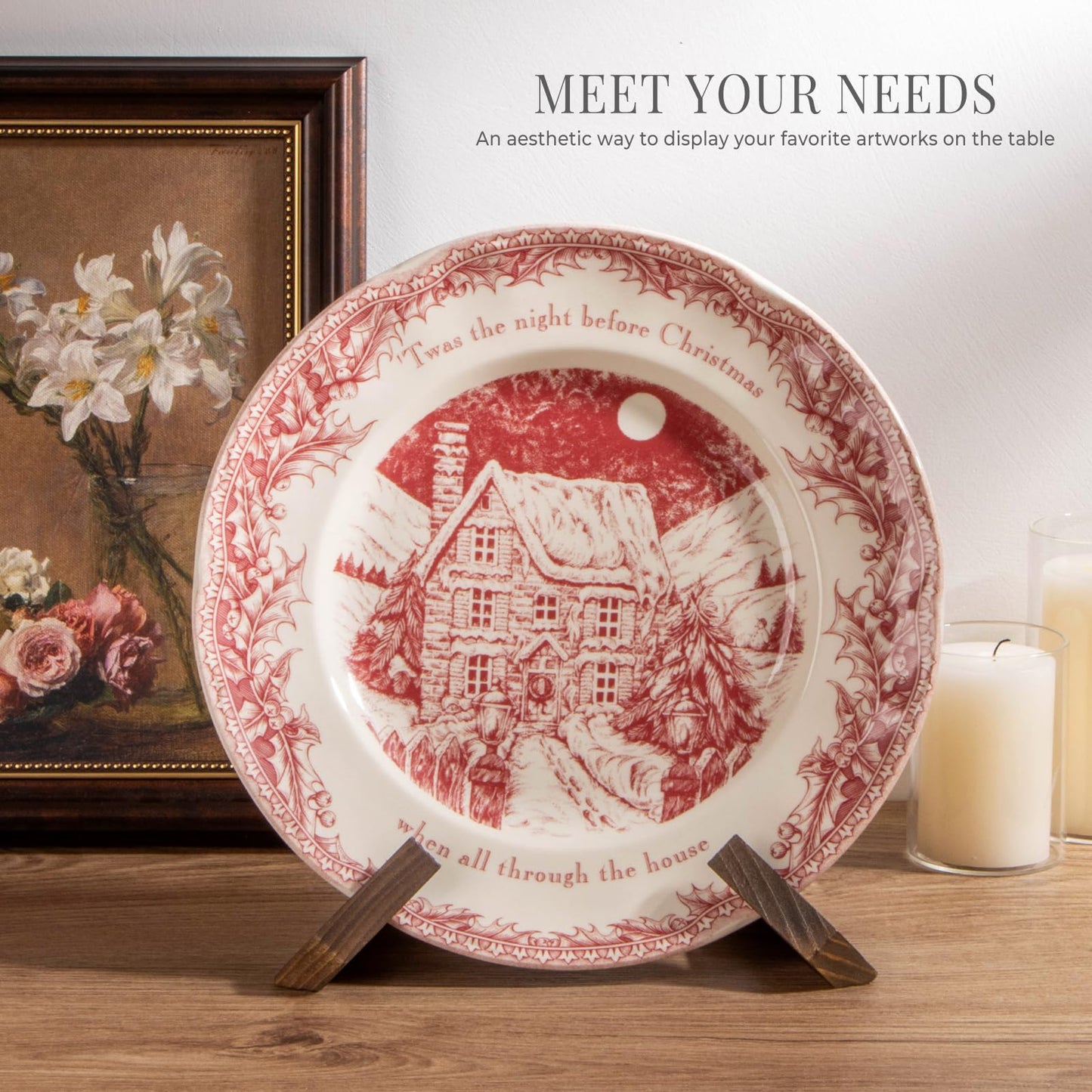 Plate Stand for Display - 6.5 Inch Plate Holder Display Stand, Wooden Picture Frame Holder, Decorative Table Top Easels