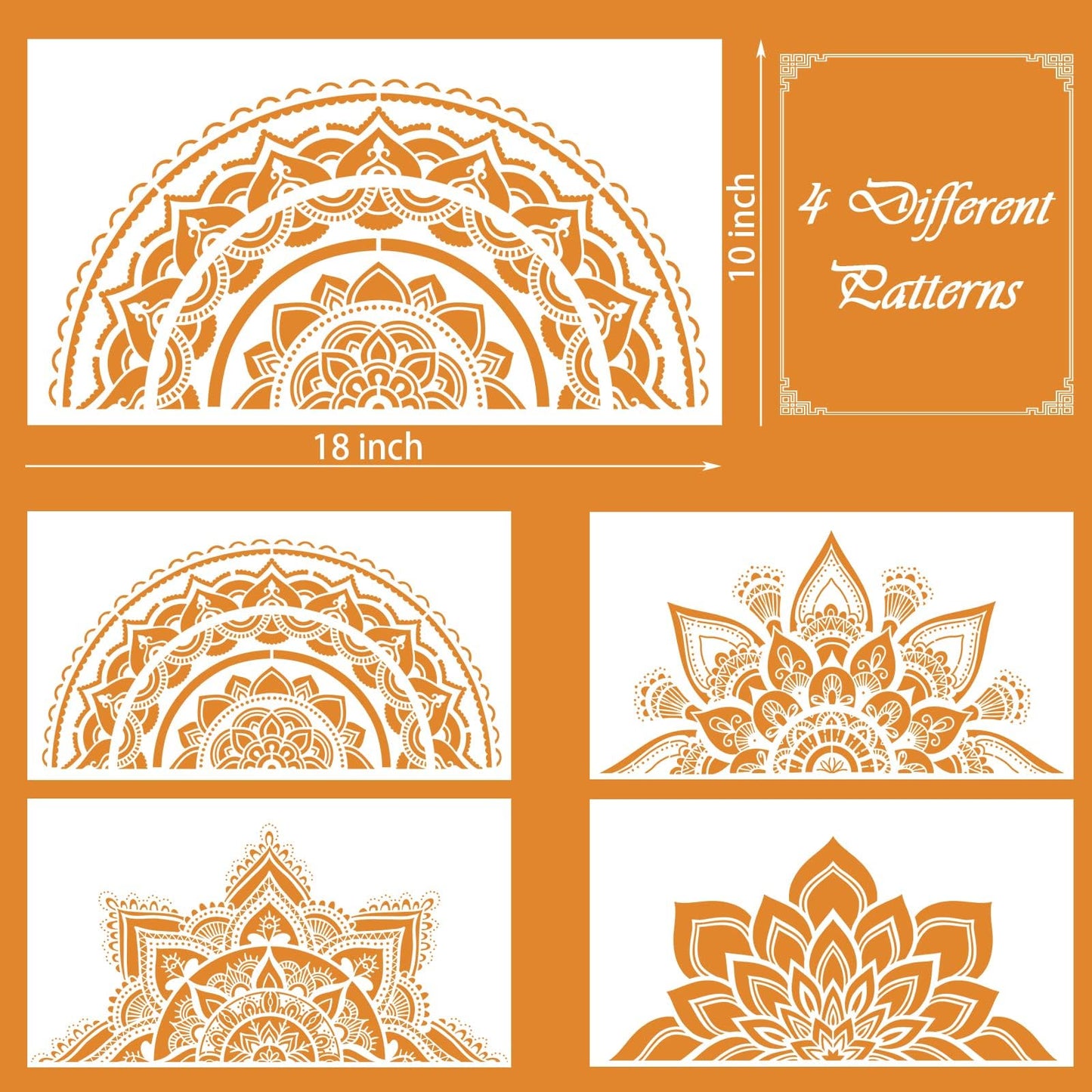 18x10 Inch Mandala Stencil Reusable Painting Templates - Floral Design Drawing Craft for DIY Wall, Tile, Furniture, Canva, Outdoor Indoor Decoration - 4 PCS