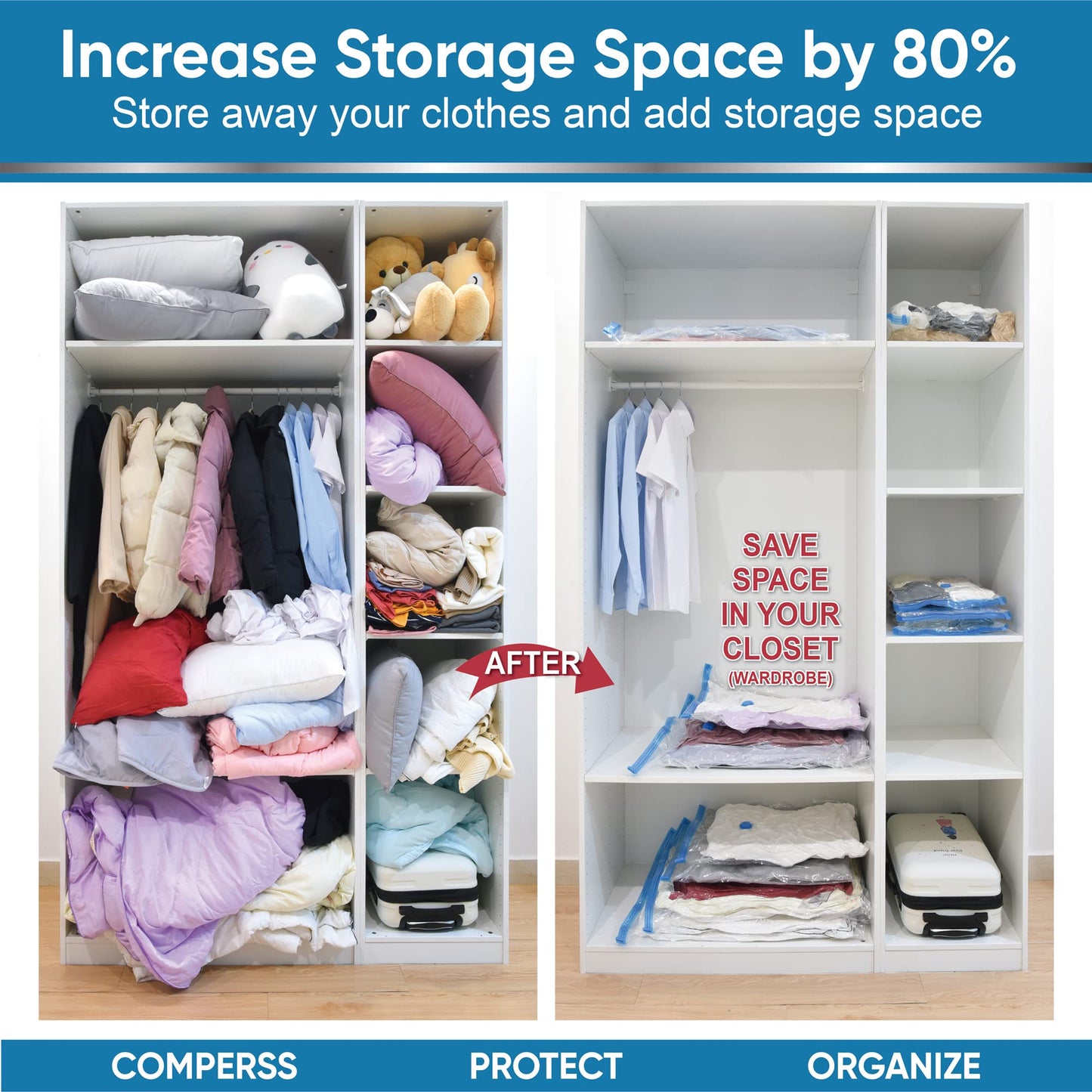 Space Saver Vacuum Storage Bags, 6 Pack Large Space Saver Bags with Pump, Storage Vacuum Sealed Bags for Clothes, Comforters, Blankets, Bedding (Large)