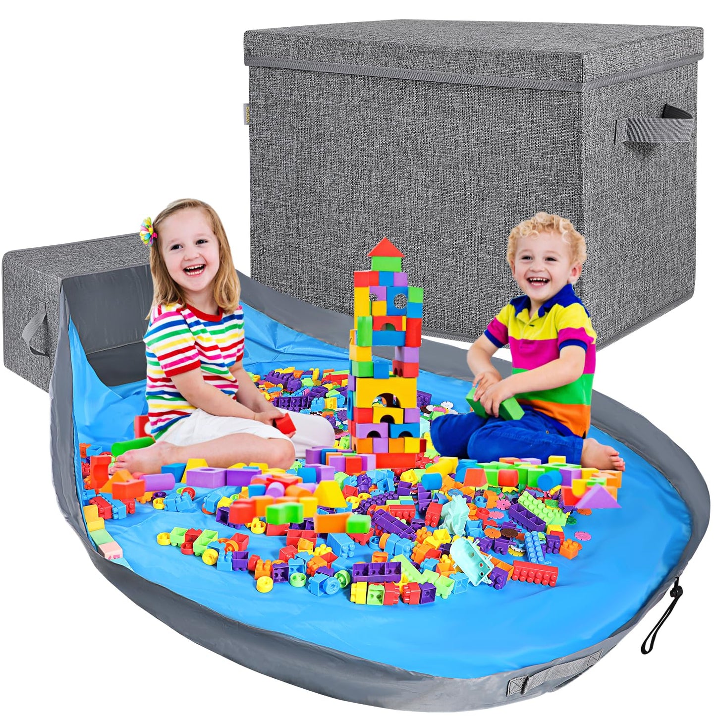 Toy Storage Organizer and Play Mat- 2-in-1 Toy Storage Chest Bin for Kids, Stackable and Foldable Cube Toy Basket Box for Boys & Girls, Large Building Blocks Storage Holder for Playroom,Grey