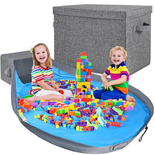 Toy Storage Organizer and Play Mat- 2-in-1 Toy Storage Chest Bin for Kids, Stackable and Foldable Cube Toy Basket Box for Boys & Girls, Large Building Blocks Storage Holder for Playroom,Grey