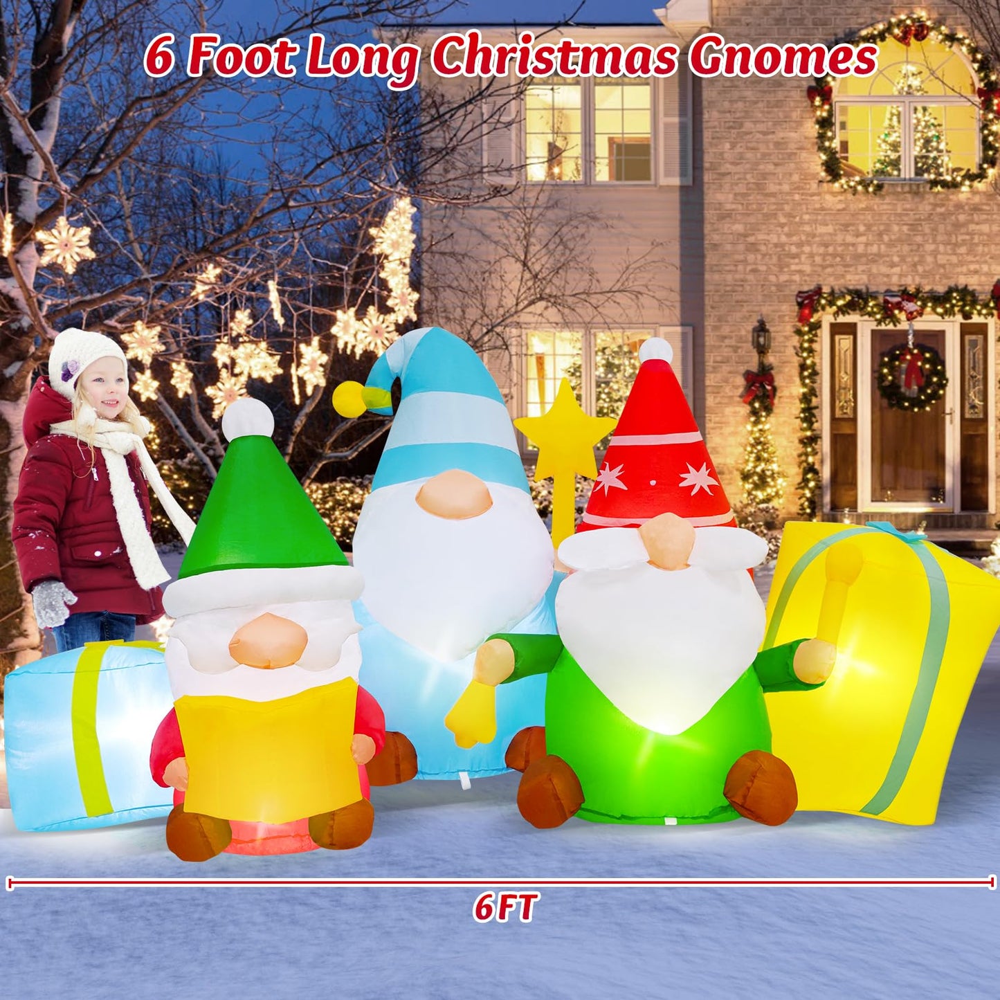 6 FT Long Christmas Inflatables 3 Gnomes Reading The Bible and Ringing The Bell Outdoor Decorations, Build in LEDs Inflatable Christmas Gnome Blow Up Yard Décor Holiday Xmas Indoor Patio Lawn