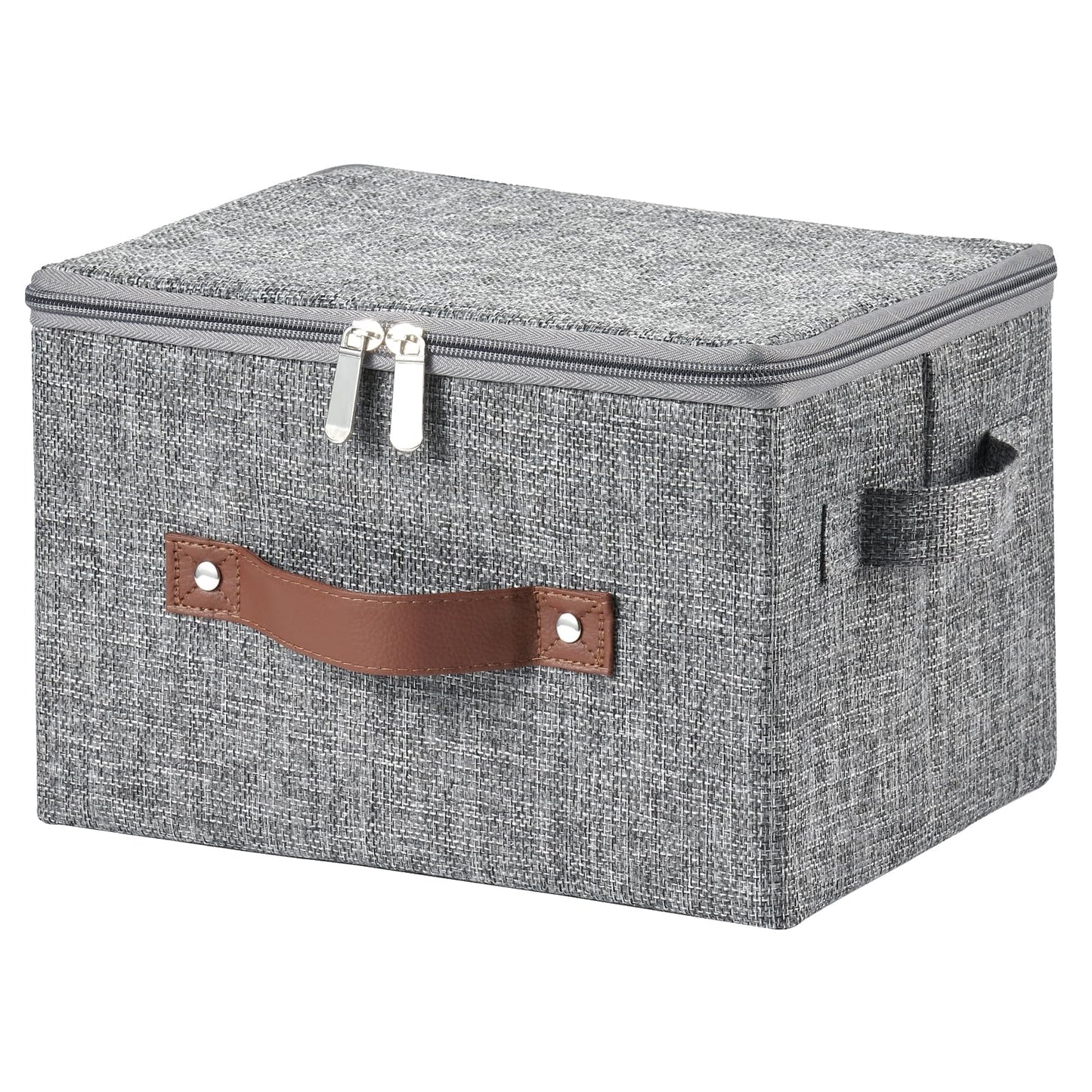 Storage Bins with Zipper Lid Cotton Linen Fabric Lidded Storage Baskets Boxes Foldable Washable Closet Shelf Clothes Organizer Container with PU Leather Handles (Gray, Small Size)