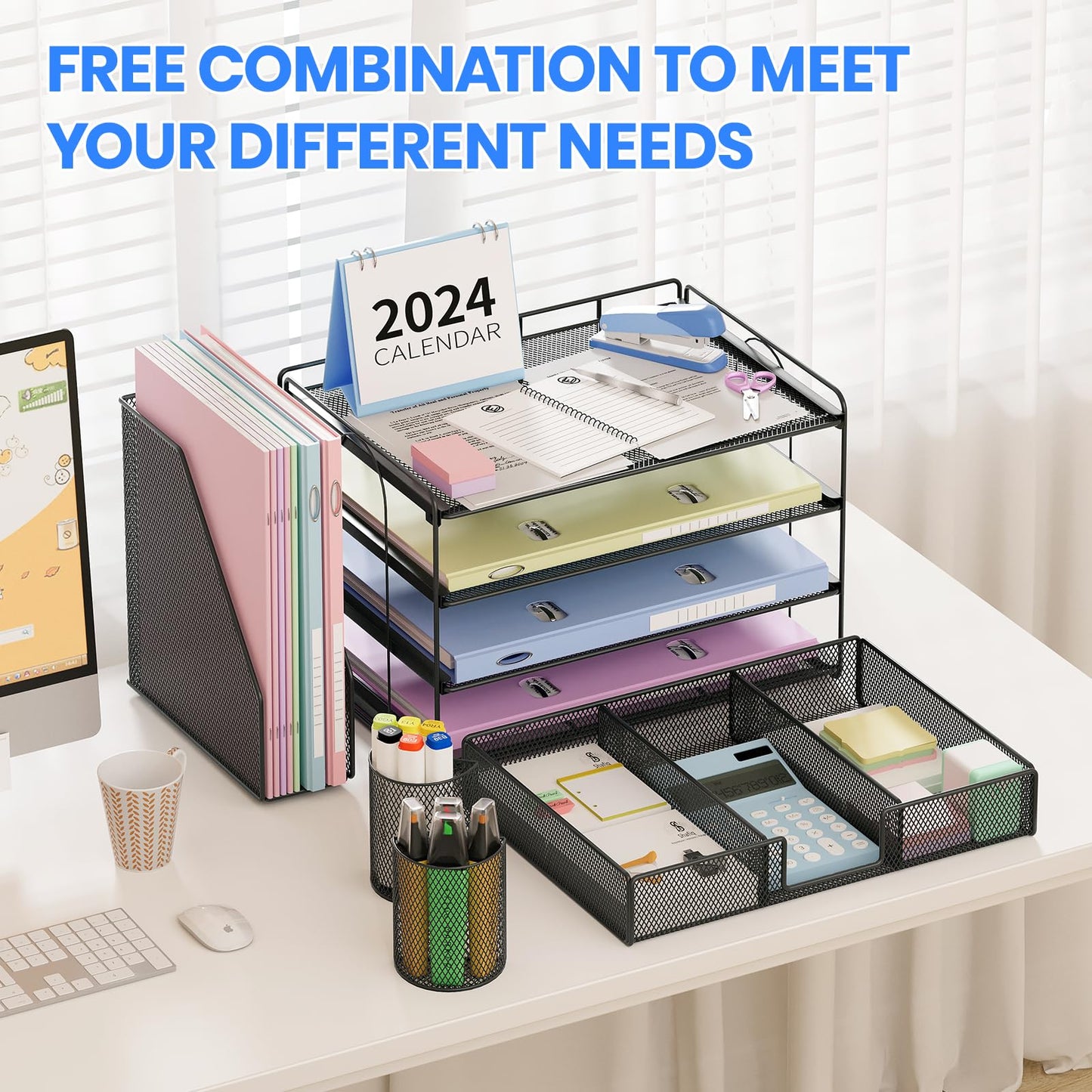 Desk Organizer and Accessories, 4-Tier Desktop File Organizer with Drawer and 2 Pen Holders, Office Desk Accessories for Office Supplies(Black)