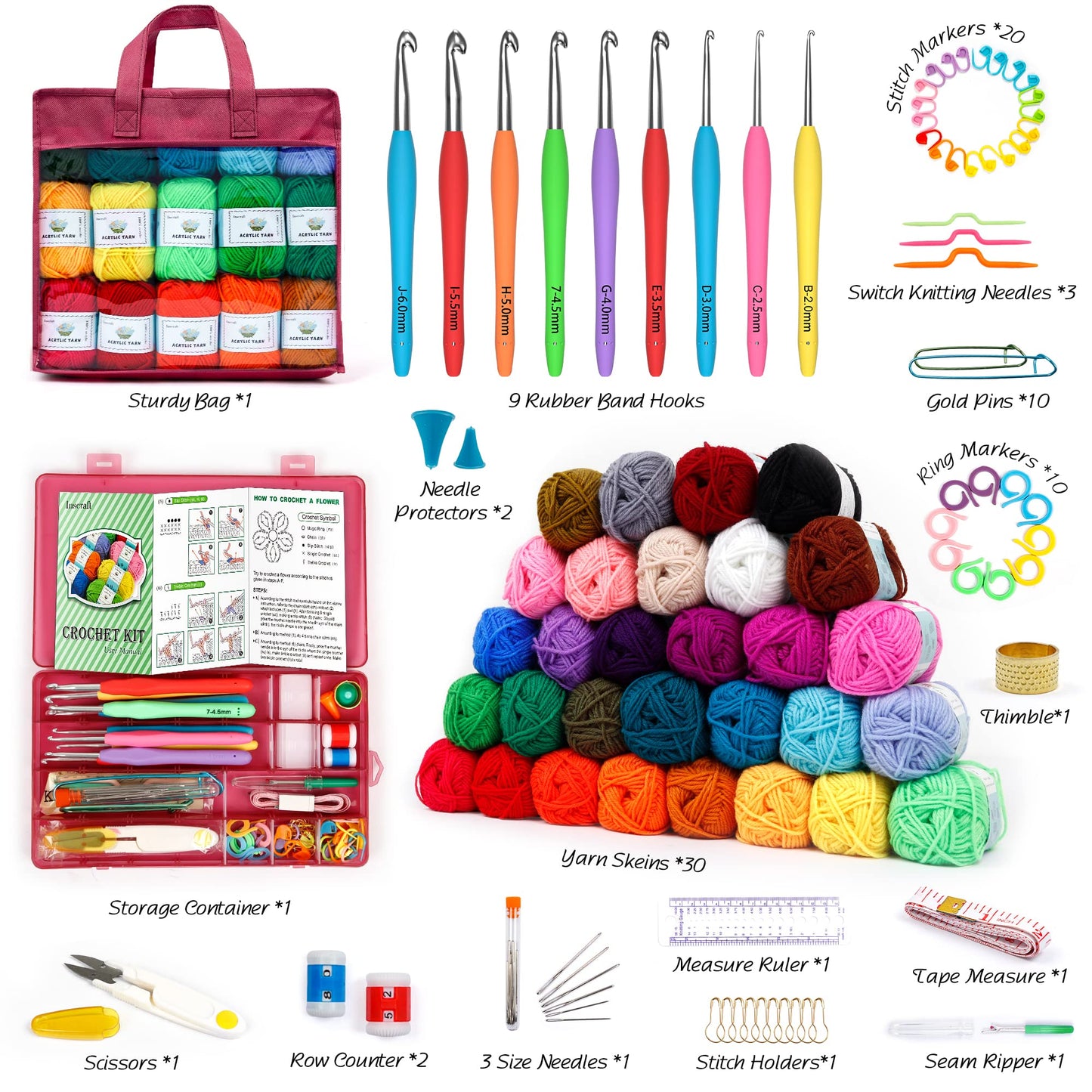 Crochet Yarn Kit for Beginners Adults and Kids, Includes 1650 Yards 30 Colors Acrylic Skeins, User Manual, Hooks, Wine Bag etc, Make Amigurumi & Projects, Starter Set Professionals