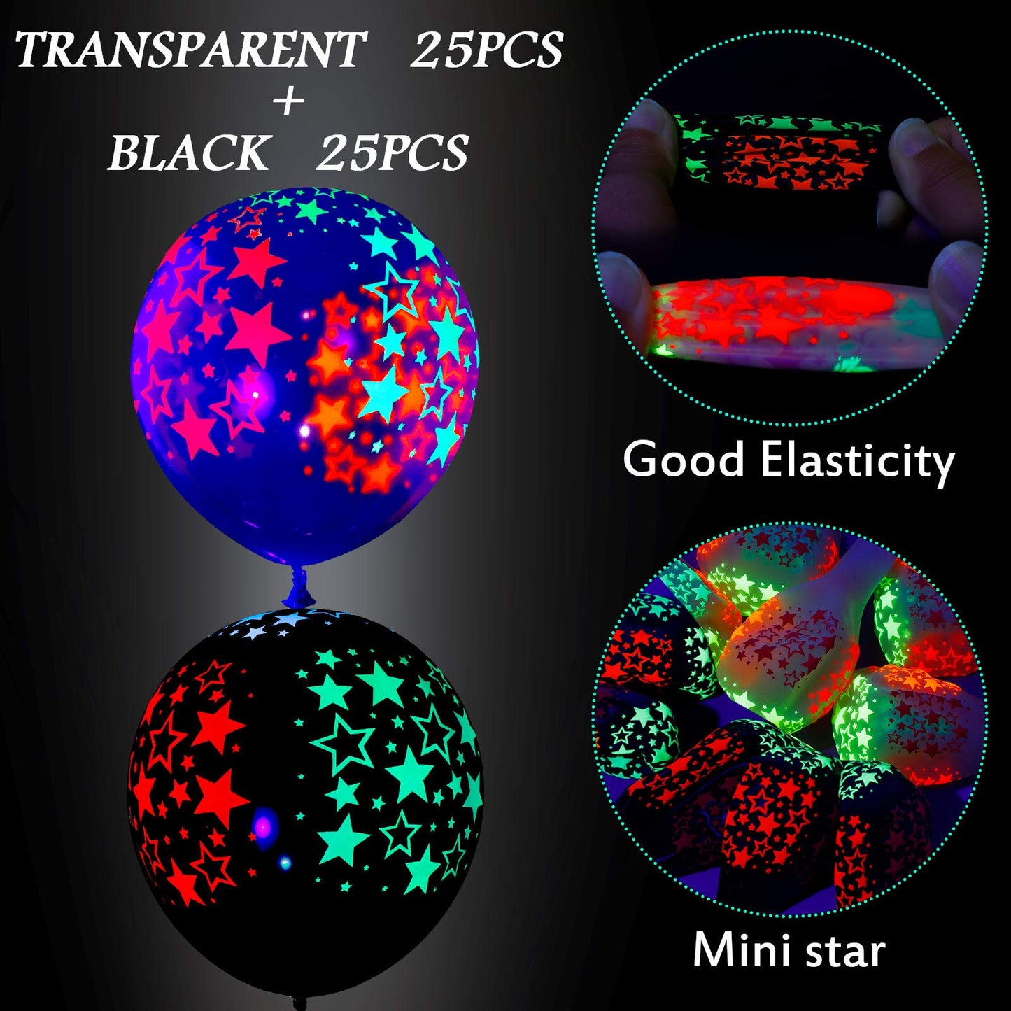 50 Pieces Neon Glow Balloons Neon Stars Glow in Blacklight Black Light Fluorescent Mini Stars Party Latex Balloons for Birthday Wedding Arch Party Decoration(Black, Clear)
