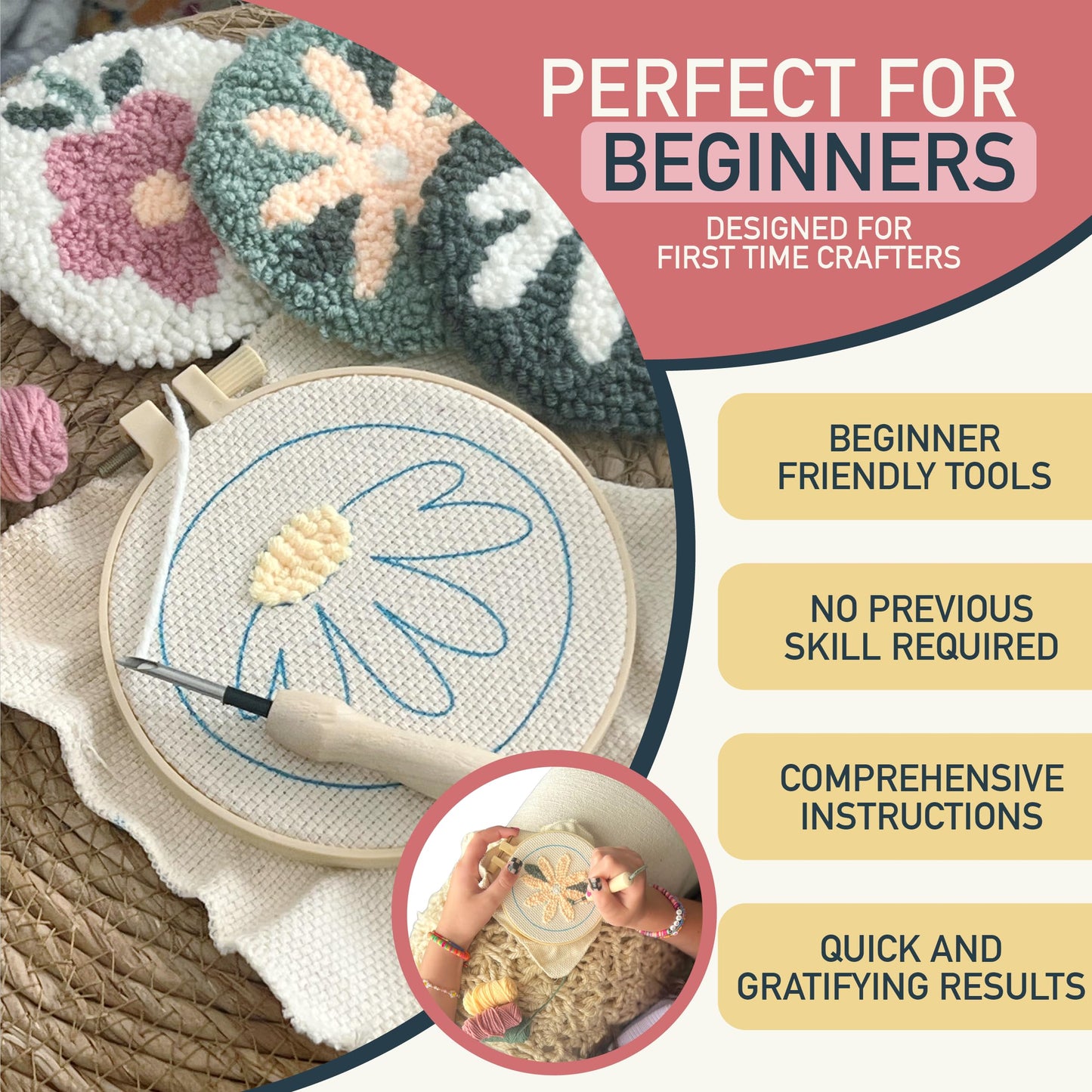 Punch Needle Kit ā 6 Floral Design Punch Needle Embroidery Kit w/Monk Cloth, Embroidery Hoop, Yarn & More - Essential Punch Needle Supplies for Crafters - Ideal Punch Art for Beginners