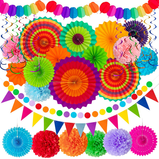 35PCS Fiesta Paper Fan Party Decorations Set - Cinco De Mayo Pom Poms,Pennant,Garland String,Banner,Hanging Swirls Decor Supplies(Multicolored)